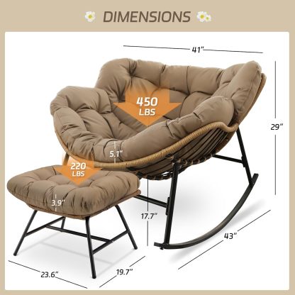 4 PCS Rocking Papasan Chair with Ottoman, 2 Person Patio Egg Rocker with Brown Cushion, Double Rocking Chair for Reading/Relaxing, Comfortable Wicker Recliner for Balcony, Porch, Garden
