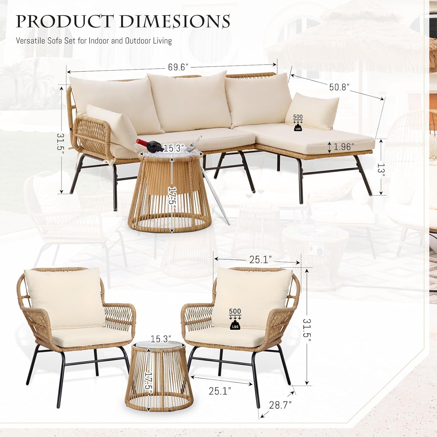 6 Pcs Boho Outdoor Patio Furniture Sets, L Shaped Natural Color Wicker Conversation Sectional Sofa w/Cozy Beige Cushion & Ice Bucket