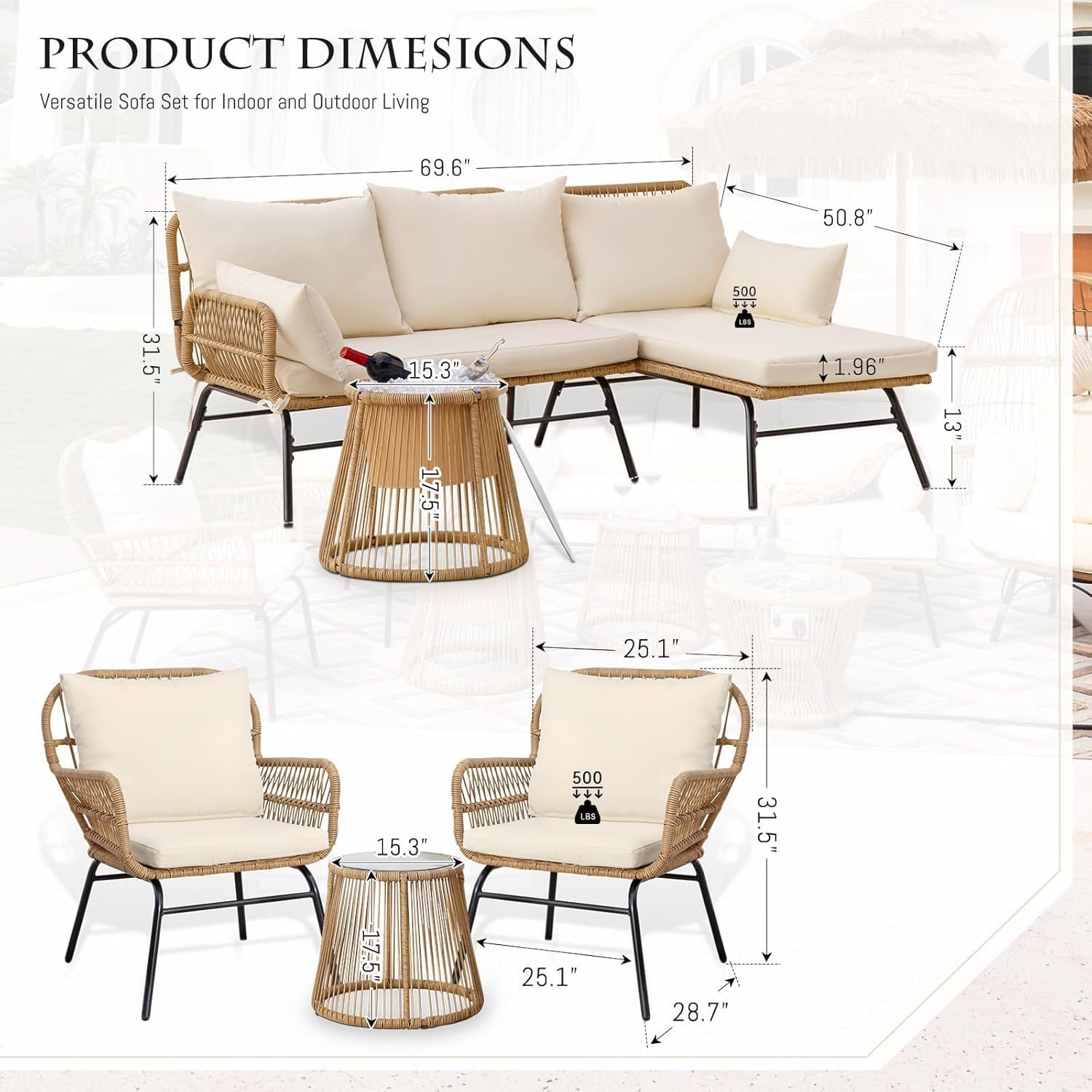 6 Pcs Boho Outdoor Patio Furniture Sets, L Shaped Natural Color Wicker Conversation Sectional Sofa w/Cozy Beige Cushion & Ice Bucket