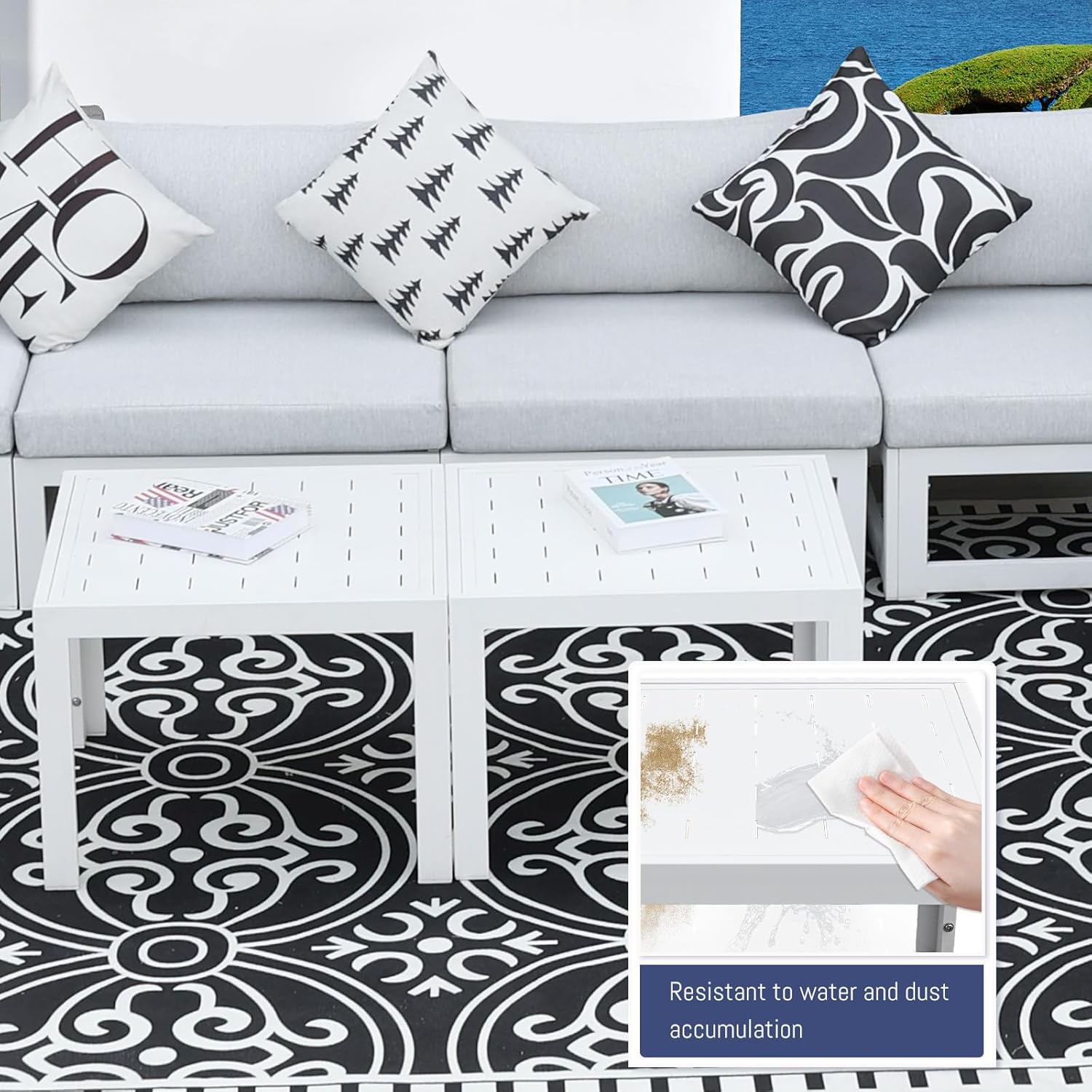 8 Pcs White Aluminum Patio Furniture Set with Fire Pit Table & Light Gray Cushion, Large Modern Outdoor Modular Sectional Sofa