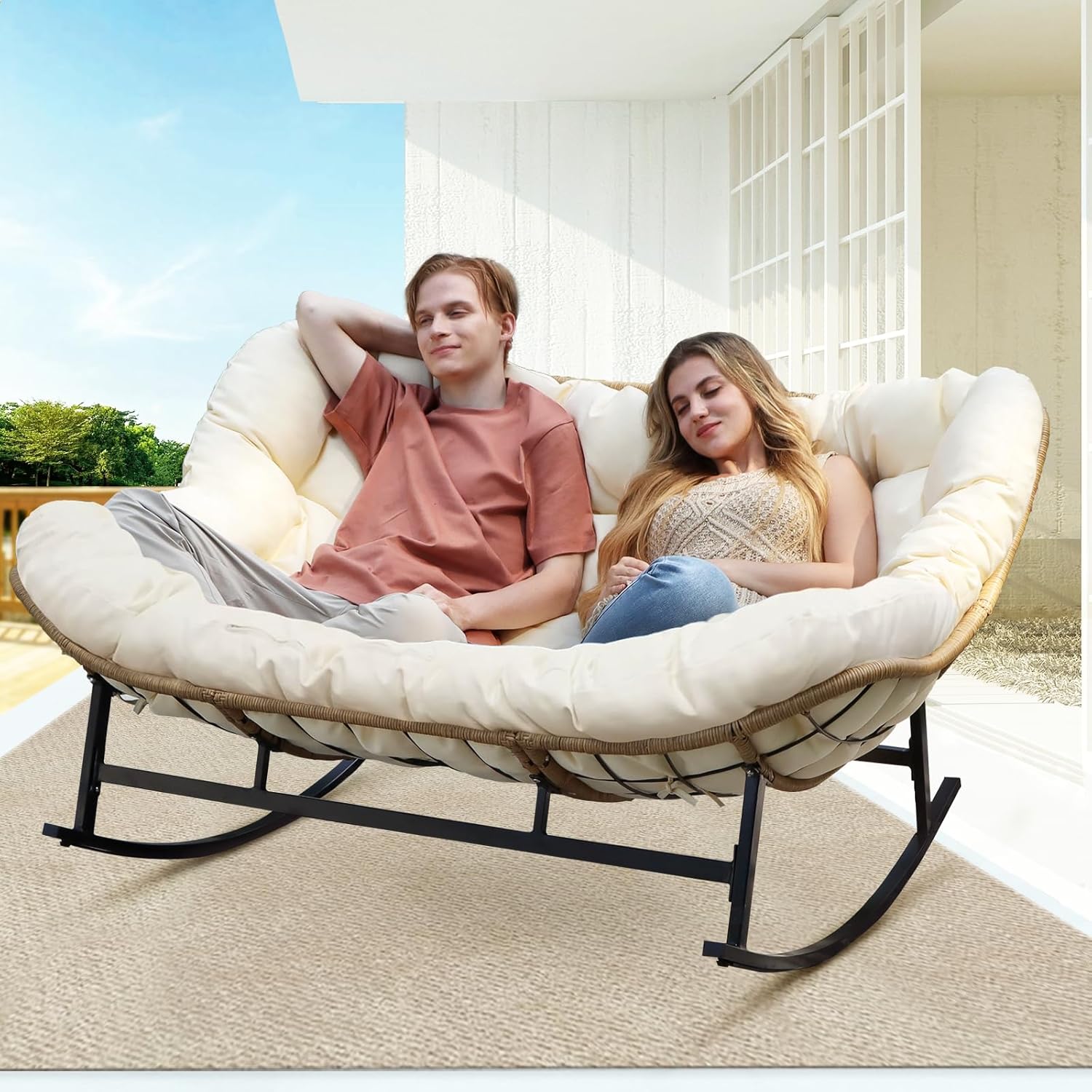 Double Wide Papasan Rocking Chair with Cushion, Oversized Rattan Rocking Egg Chair Outdoor for 2, Extra Large 700 lbs. Heavy Duty Royal Patio Lounge Loveseat