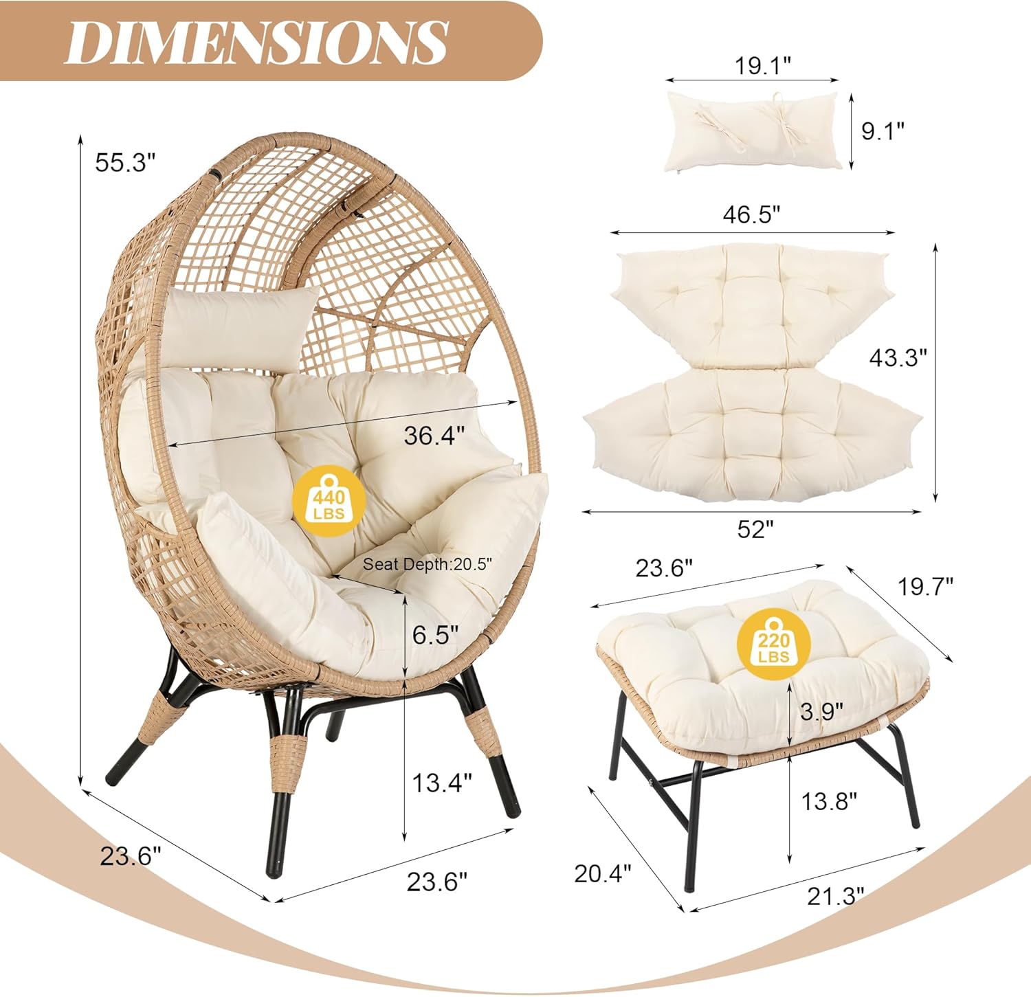 Oversized Indoor Outdoor Egg Chair with Ottoman, Brown Wicker Patio Deep Egg Seat with Beige Thick Cushion & Foot Rest, Large Stationary Lounge Chair for Balcony Bedroom