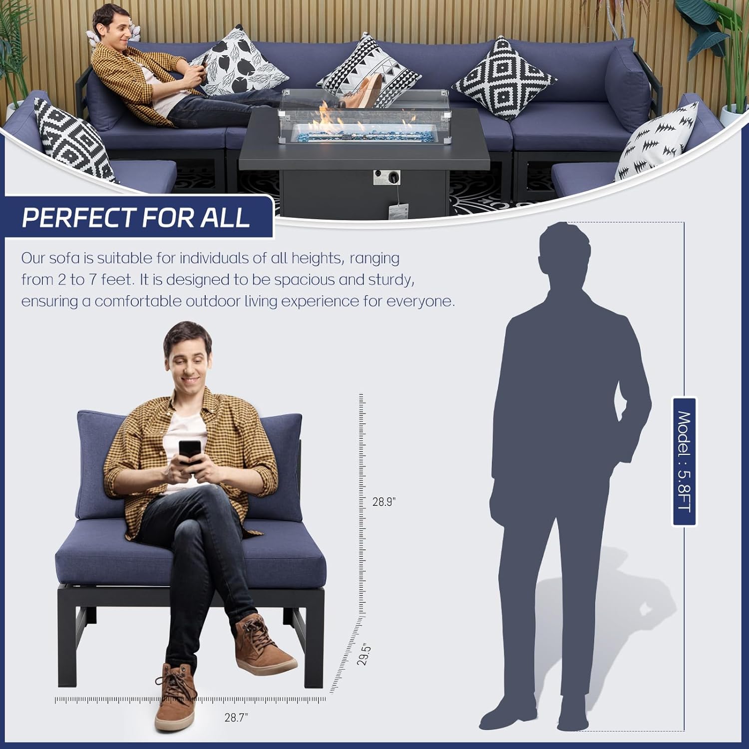 6 Seat Oversized Modern Aluminum Patio Furniture Set, All Weather Rust Proof Modular Sectional Sofa with Fire Pit Table