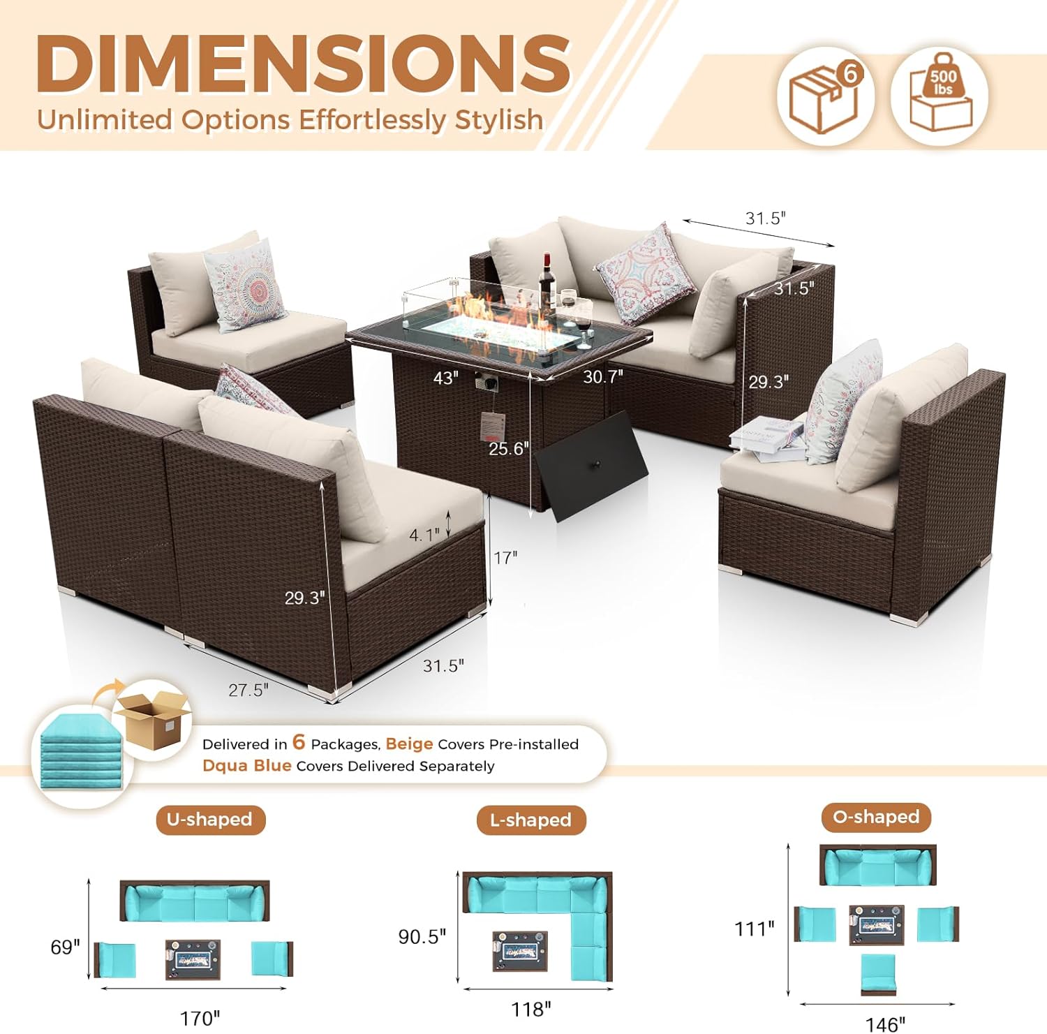 7-Piece Outdoor Patio Furniture Set with Propane/Natural Gas Fire Pit Table, High-Back Large Size Outside Sectional Couch Sofa, Comfy Wide Deep Seats for Yard