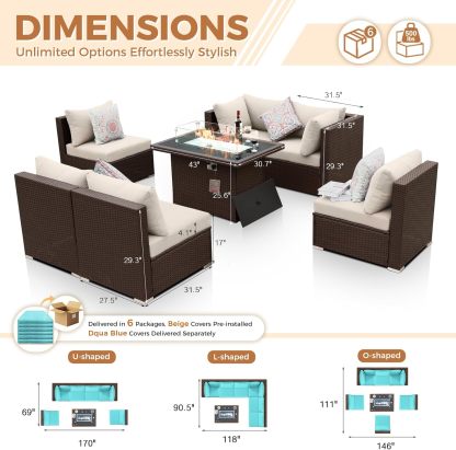 7-Piece Outdoor Patio Furniture Set with Propane/Natural Gas Fire Pit Table, High-Back Large Size Outside Sectional Couch Sofa, Comfy Wide Deep Seats for Yard