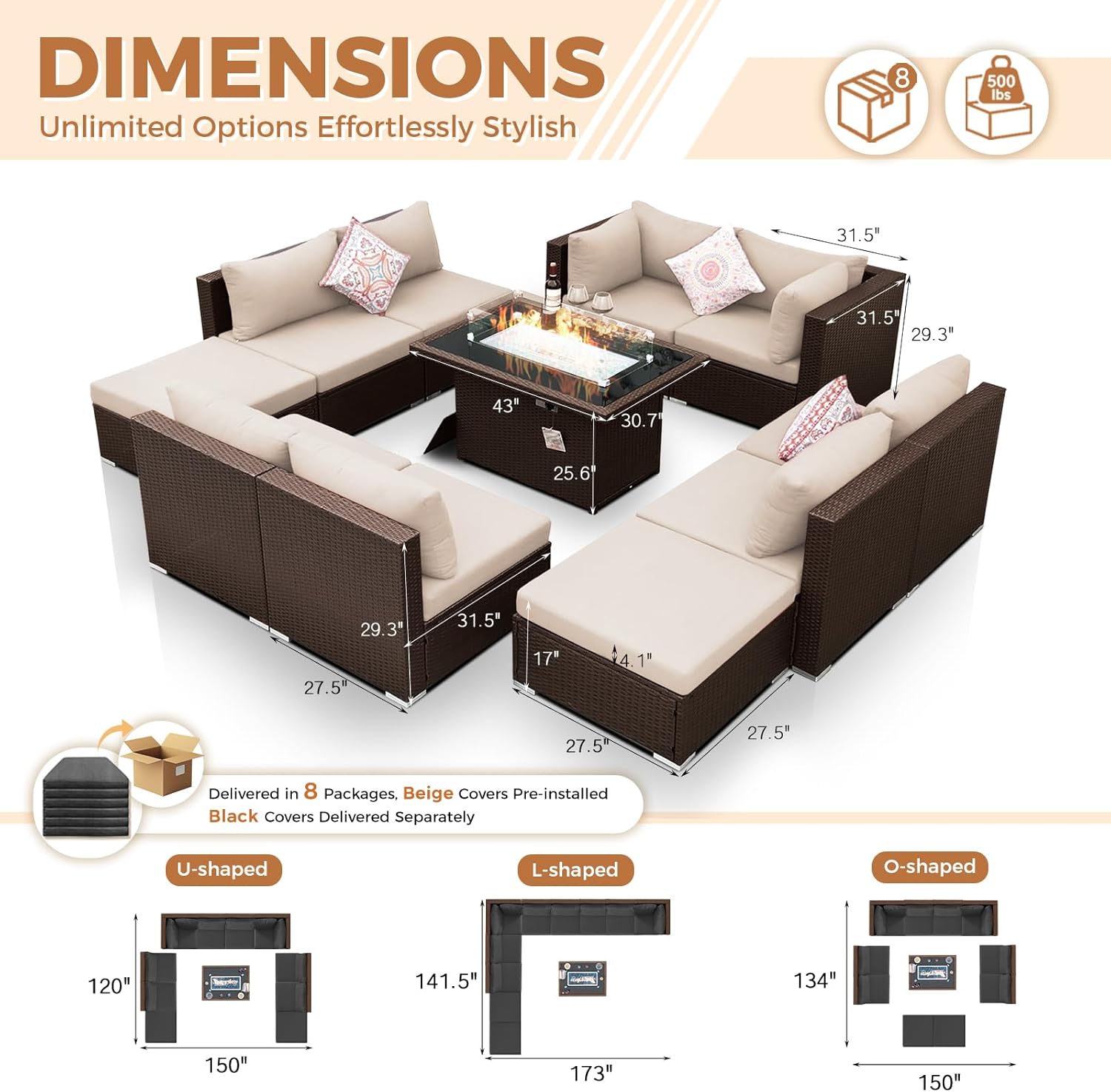 11 Piece High Back Outdoor Furniture Set with Firepit, Cozy Patio Conversation Set with Ottoman Modular, Extra Wide Deep 10-Seats Sectional Couch Sofa