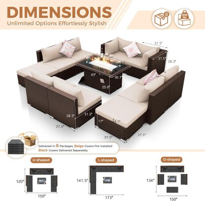 11 Piece High Back Outdoor Furniture Set with Firepit, Cozy Patio Conversation Set with Ottoman Modular, Extra Wide Deep 10-Seats Sectional Couch Sofa