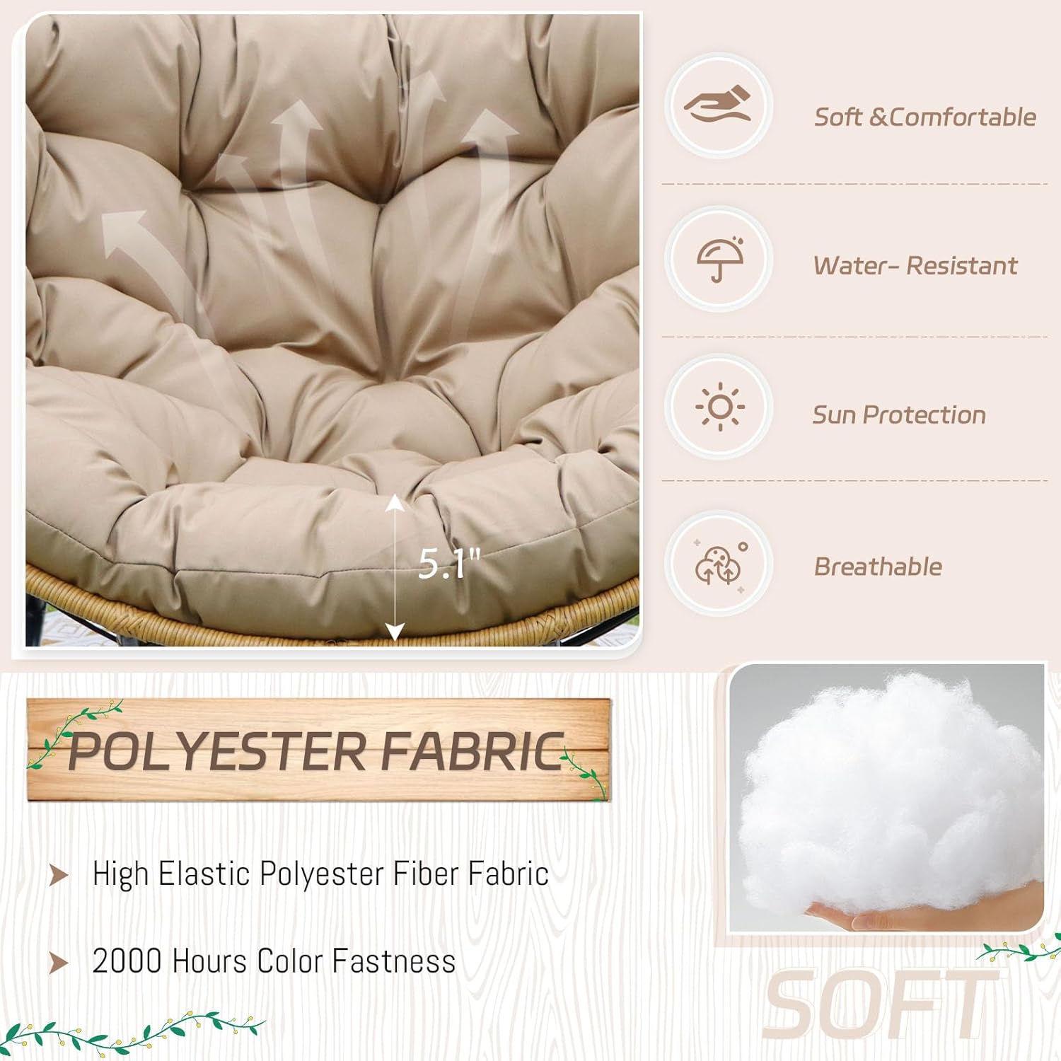 4 PCS Rocking Papasan Chair with Ottoman, 2 Person Patio Egg Rocker with Brown Cushion, Double Rocking Chair for Reading/Relaxing, Comfortable Wicker Recliner for Balcony, Porch, Garden