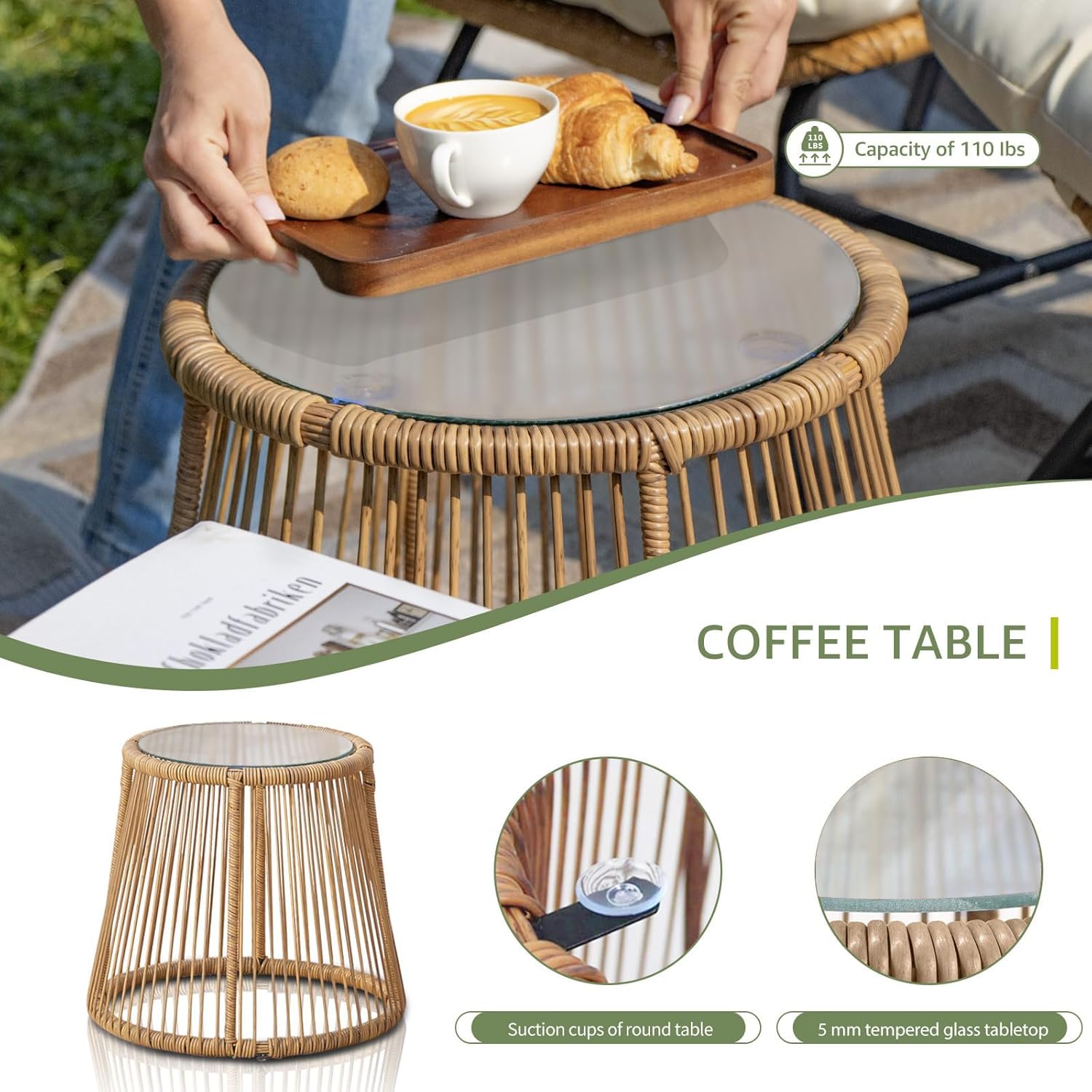 6 Pcs Boho Outdoor Patio Furniture Sets, L Shaped Natural Color Wicker Conversation Sectional Sofa w/Cozy Beige Cushion & Ice Bucket