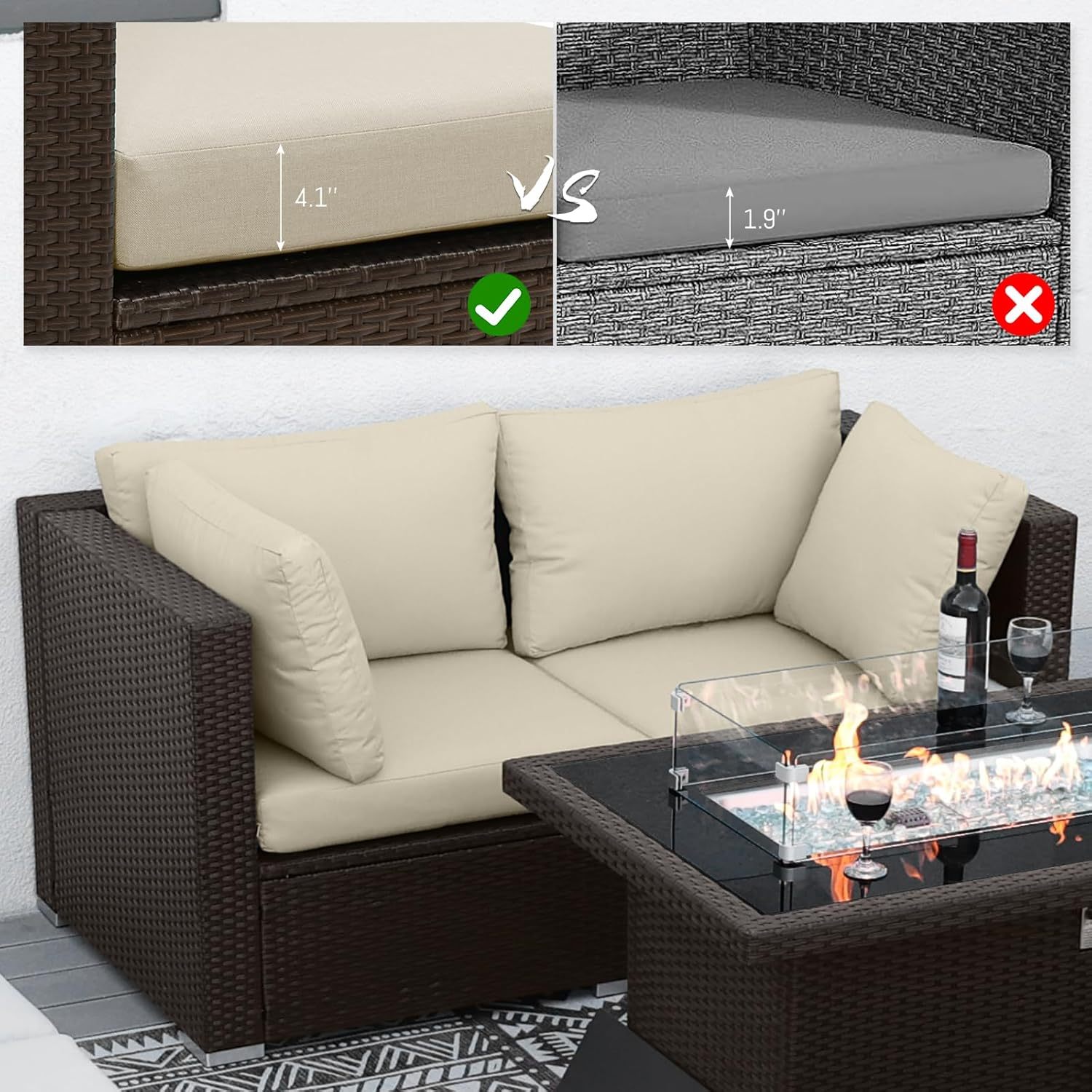 1 Piece PE Rattan Patio Furniture Corner Sofa with Thick Cushions Outdoor Wicker Seating