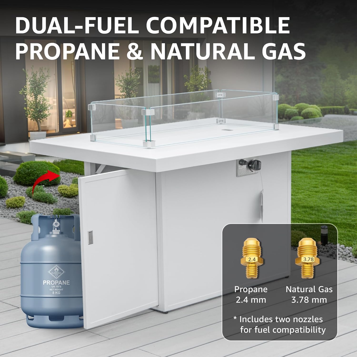 43" Aluminum Outdoor Propane Fire Pit Table, 60,000 BTU Rectangular Firepit Coffee Table with Wind Guard & Glass Stone, Large CSA Safety Approved Fireplace for Backyard Deck Garden