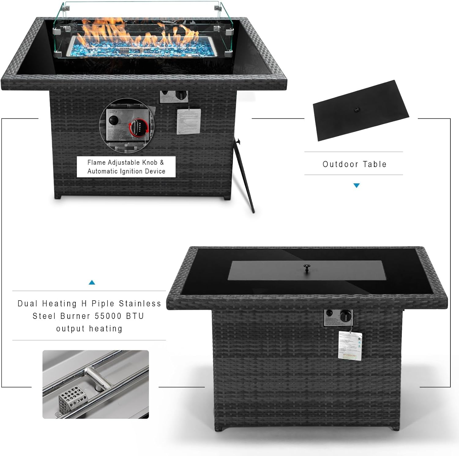 PE Wicker 43" Patio Outdoor Propane Fire Pit Table with Waterproof Cover 55,000 BTU Auto-Ignition Gas Fire Pit Table with 8mm Tempered Glass Table Top and Glass Stone