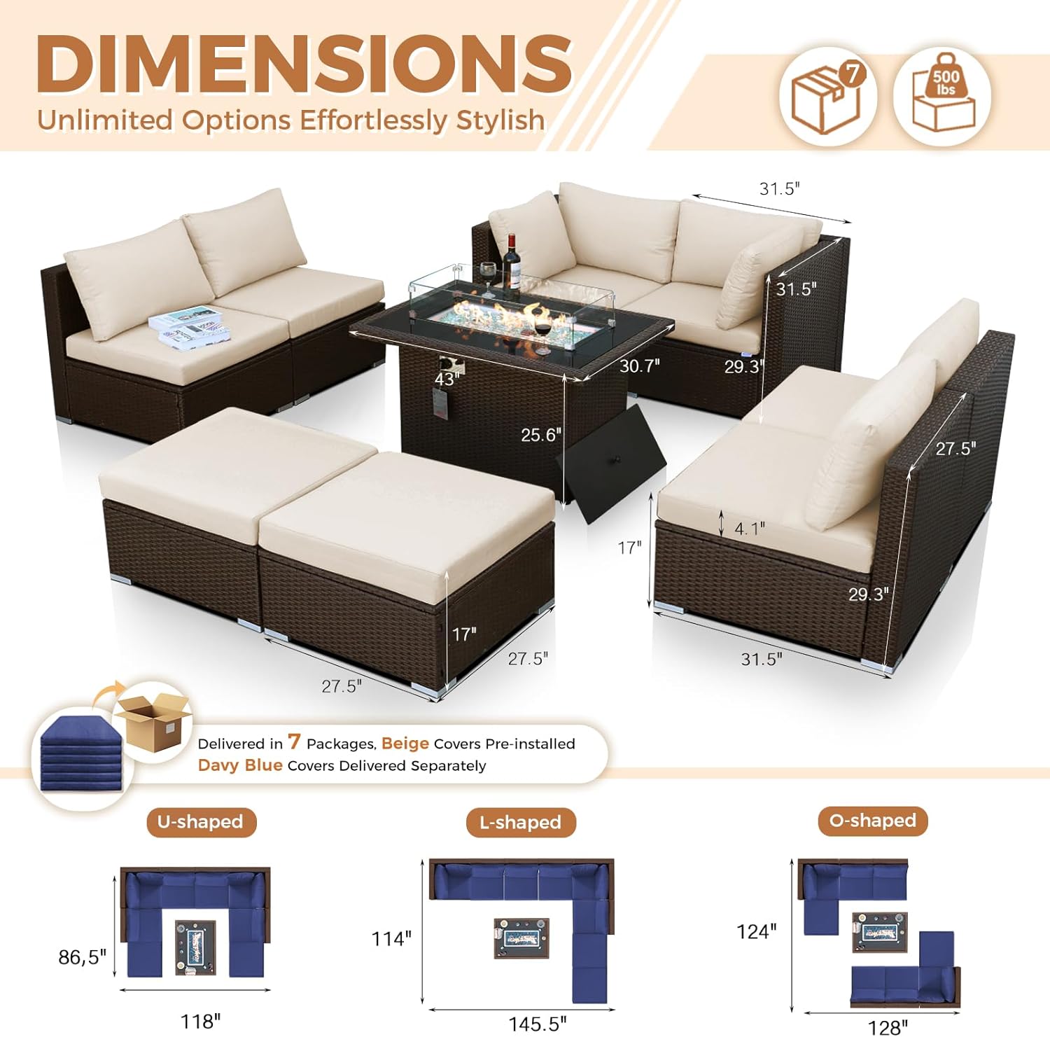 9 Piece Highback Patio Furniture Set with Fire Pit Table, Modern Modular Outdoor Sectional Couch Sofa with Ottoman, XL 8-Person Backyard Seating for Outside