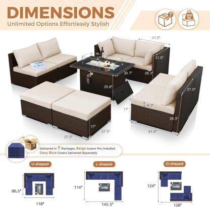 9 Piece Highback Patio Furniture Set with Fire Pit Table, Modern Modular Outdoor Sectional Couch Sofa with Ottoman, XL 8-Person Backyard Seating for Outside