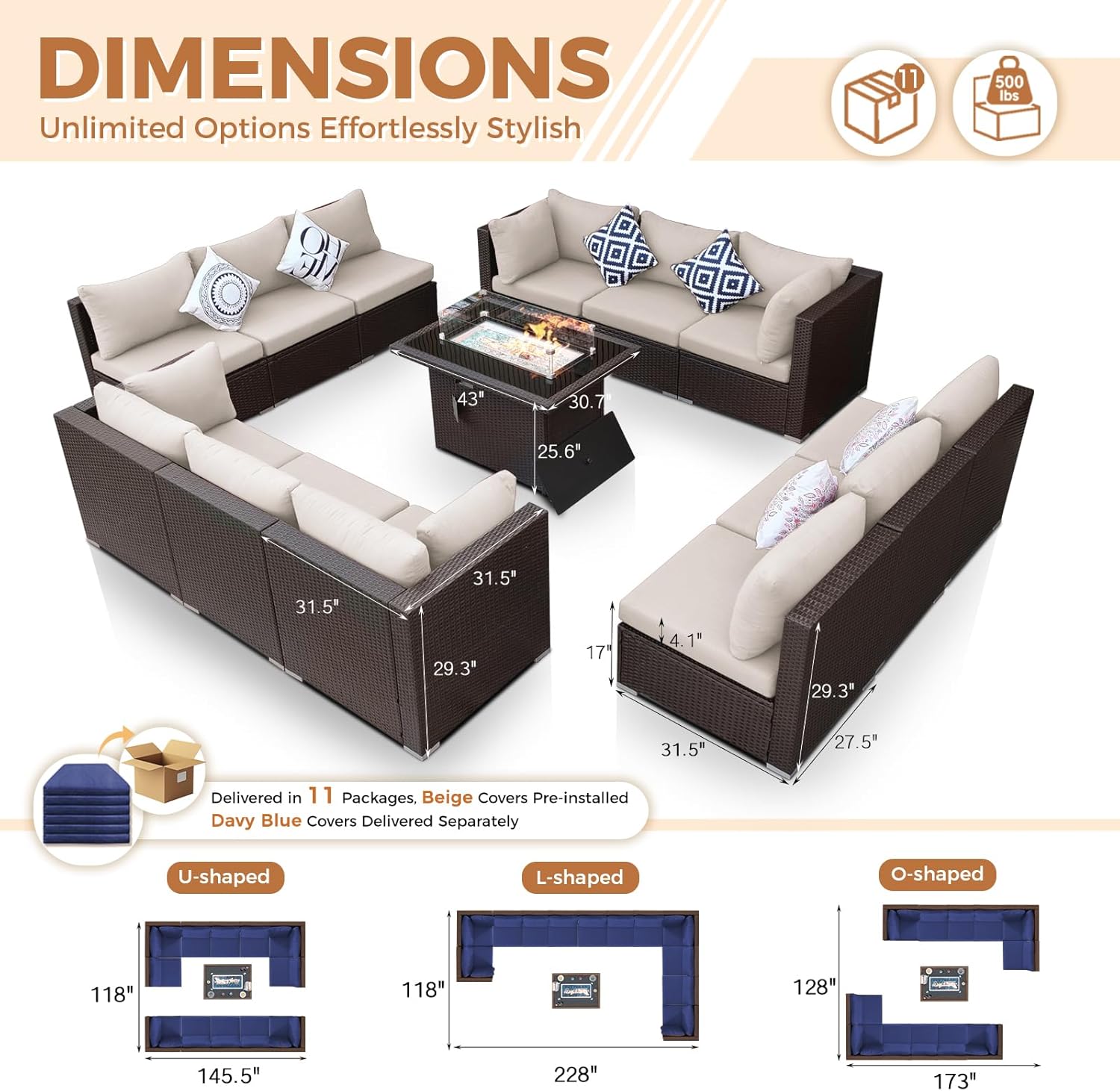 13 Piece High Back Wicker Patio Furniture Sets with Fire Pit, Elegant Oversized Outdoor Seating Set Modular, Comfy Extra Deep Wide 12-Person Sectional Couch Sofa for Backyard