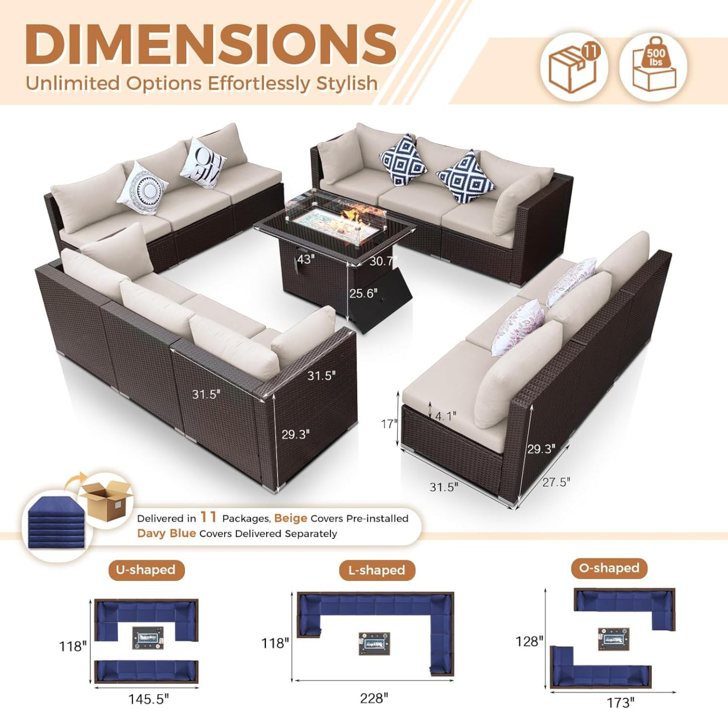 13 Piece High Back Wicker Patio Furniture Sets with Fire Pit, Elegant Oversized Outdoor Seating Set Modular, Comfy Extra Deep Wide 12-Person Sectional Couch Sofa for Backyard