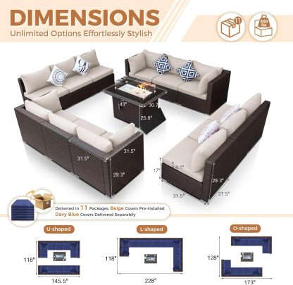 13 Piece High Back Wicker Patio Furniture Sets with Fire Pit, Elegant Oversized Outdoor Seating Set Modular, Comfy Extra Deep Wide 12-Person Sectional Couch Sofa for Backyard