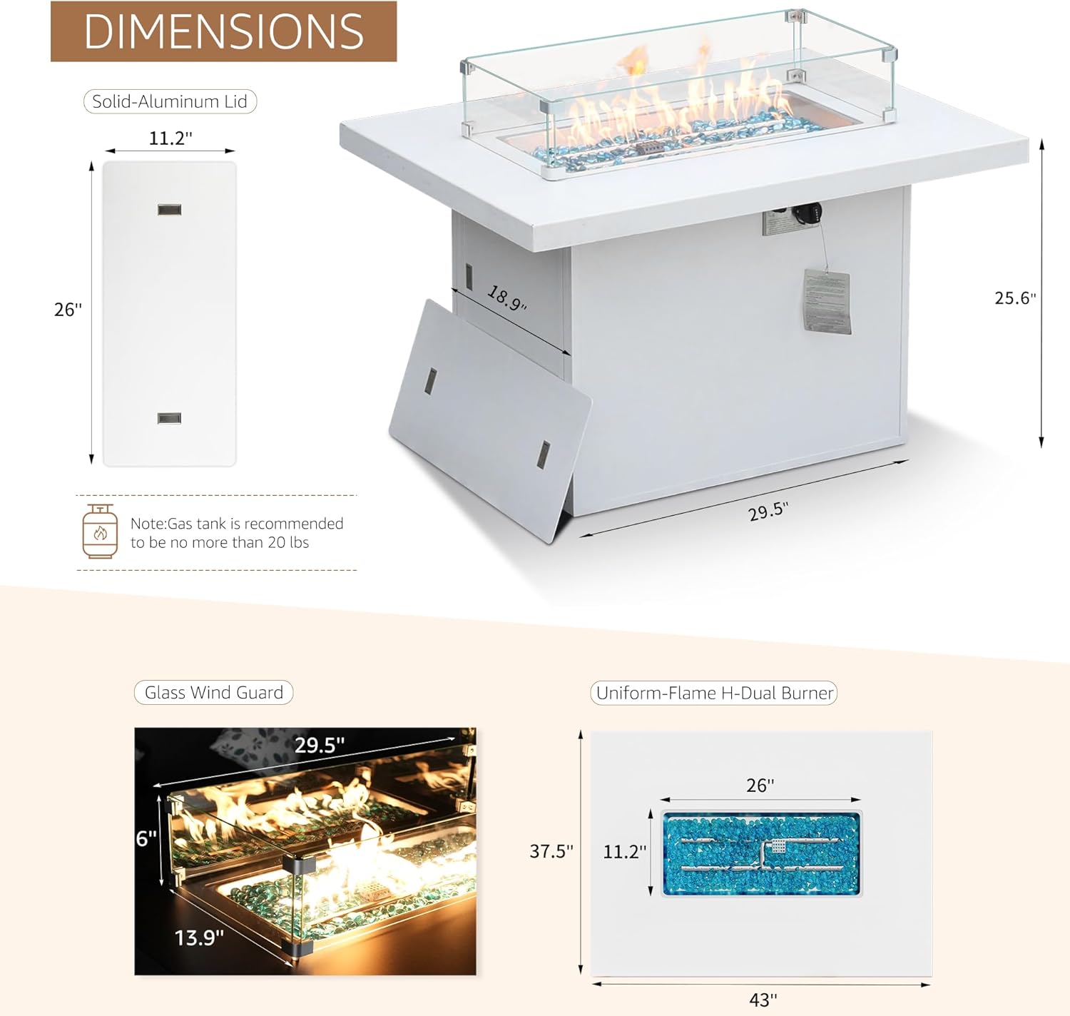 43" Aluminum Outdoor Propane Fire Pit Table, 60,000 BTU Rectangular Firepit Coffee Table with Wind Guard & Glass Stone, Large CSA Safety Approved Fireplace for Backyard Deck Garden
