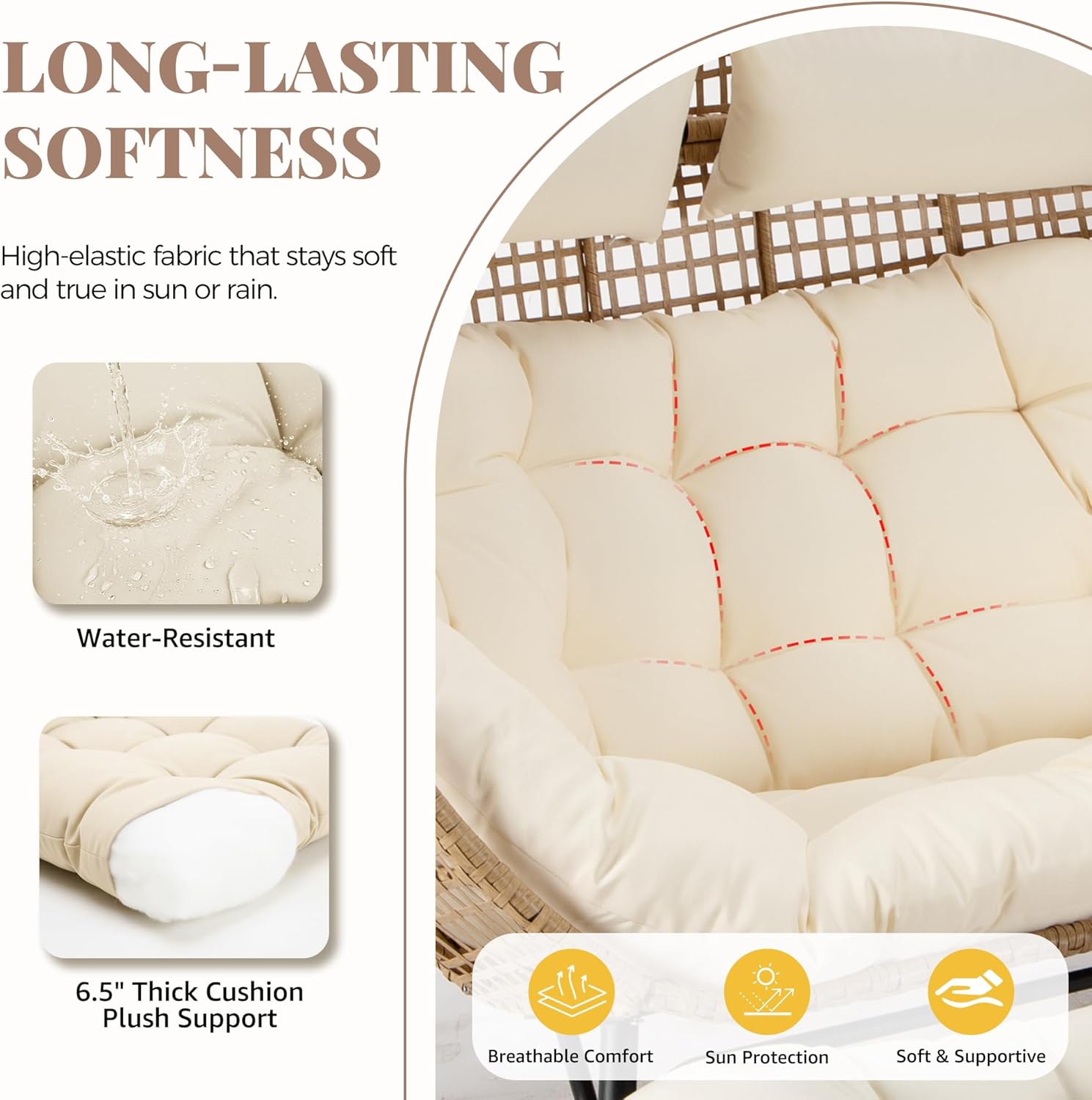 Double Egg Chair with Ottoman Indoor Outdoor 680lbs, 2 Person Brown Wicker Oversized Stationary Egg Chair with Beige Thick Cushion