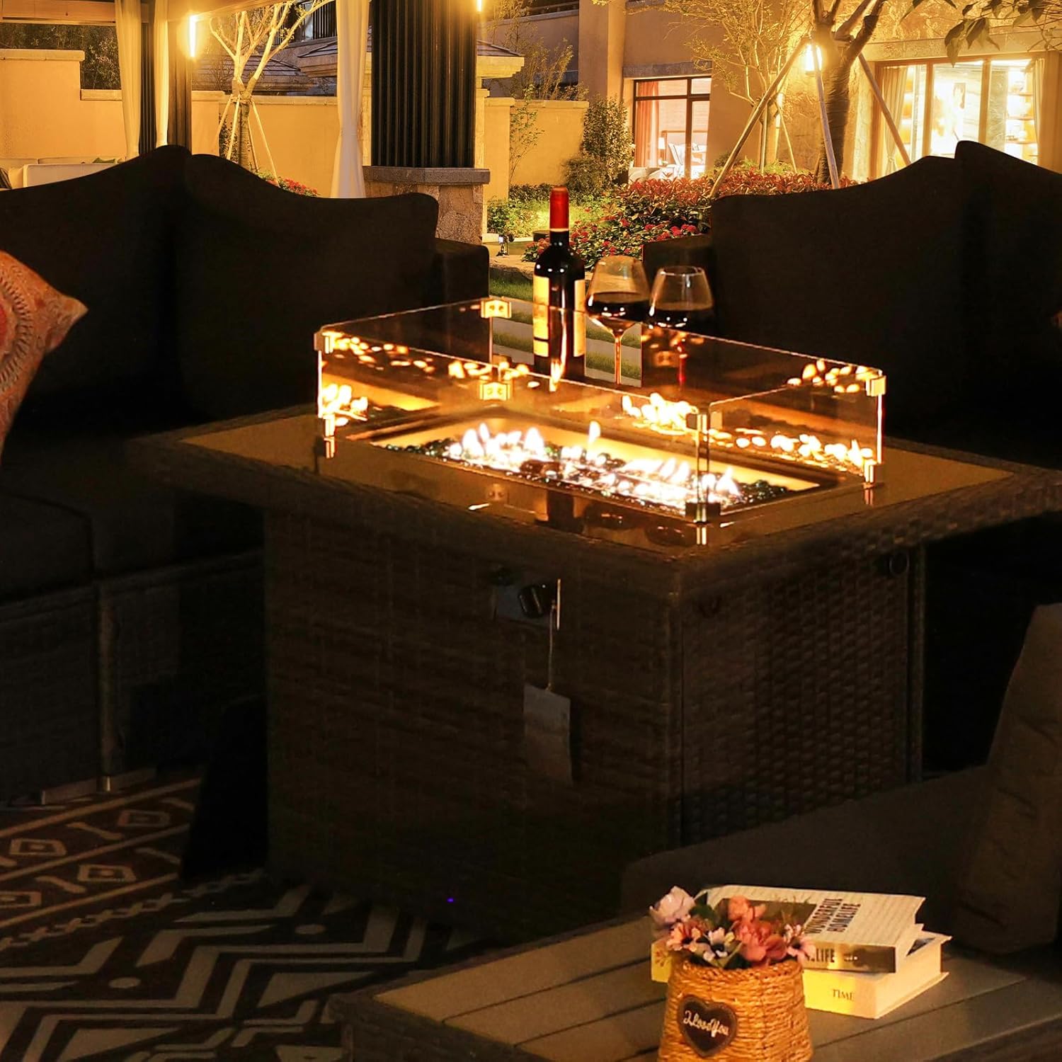 PE Wicker 43" Patio Outdoor Propane Fire Pit Table with Waterproof Cover 55,000 BTU Auto-Ignition Gas Fire Pit Table with 8mm Tempered Glass Table Top and Glass Stone