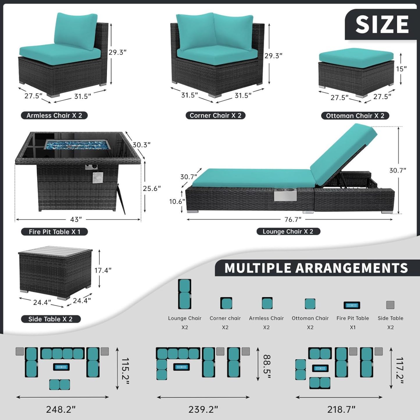 11 Piece Large High Back Grey Rattan Patio Furniture Sets with Firepit and Loungers, Comfortable Deep Wide Seat Outdoor Sectional Conversation Couch Sofa Modualr