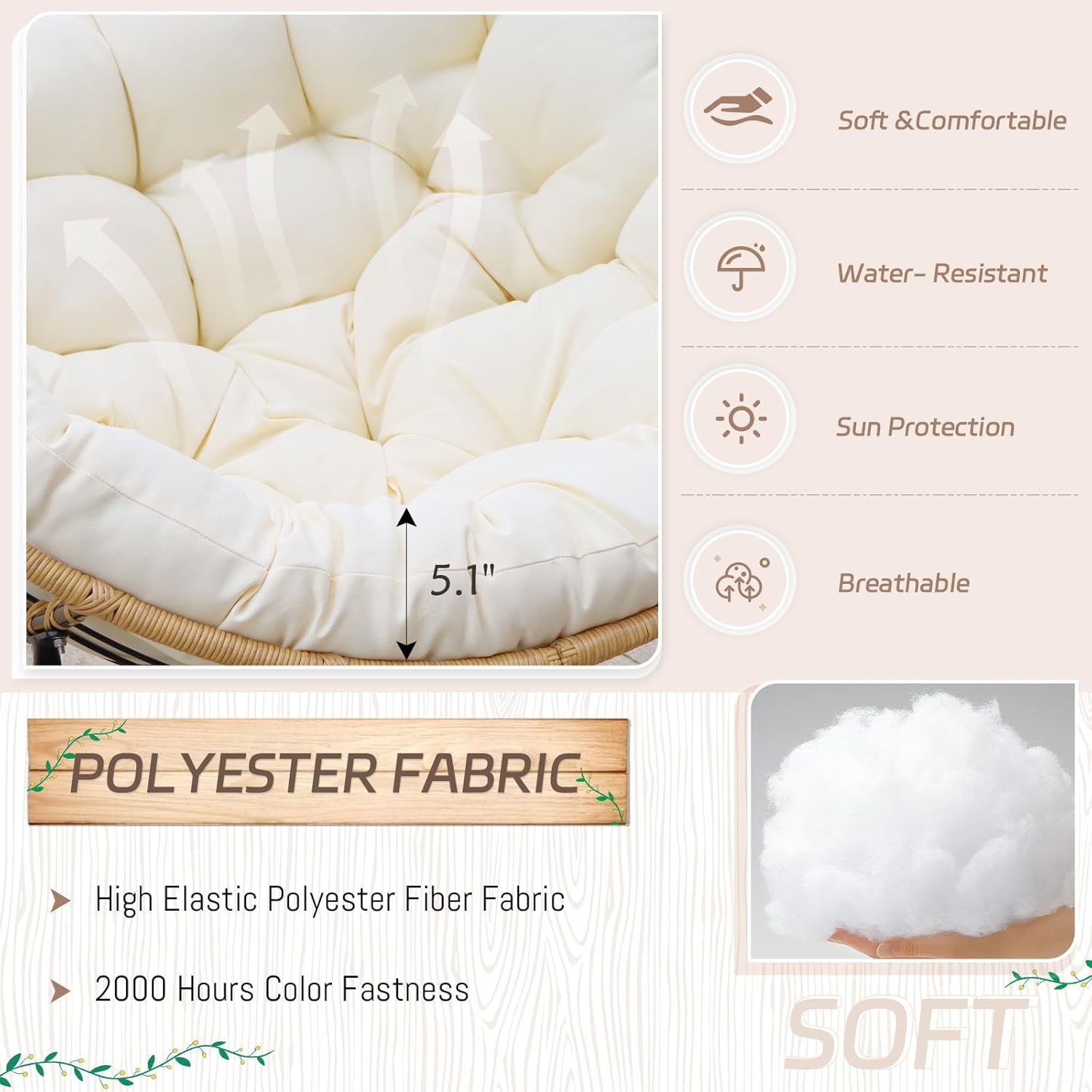 2 PCS Rocking Egg Chair Indoor Outdoor, Wicker Rattan Rocking Papasan Chairs with Thick Cushion, 450 Lbs Extra Wide Patio Rocker, Outdoor Furniture for Balcony