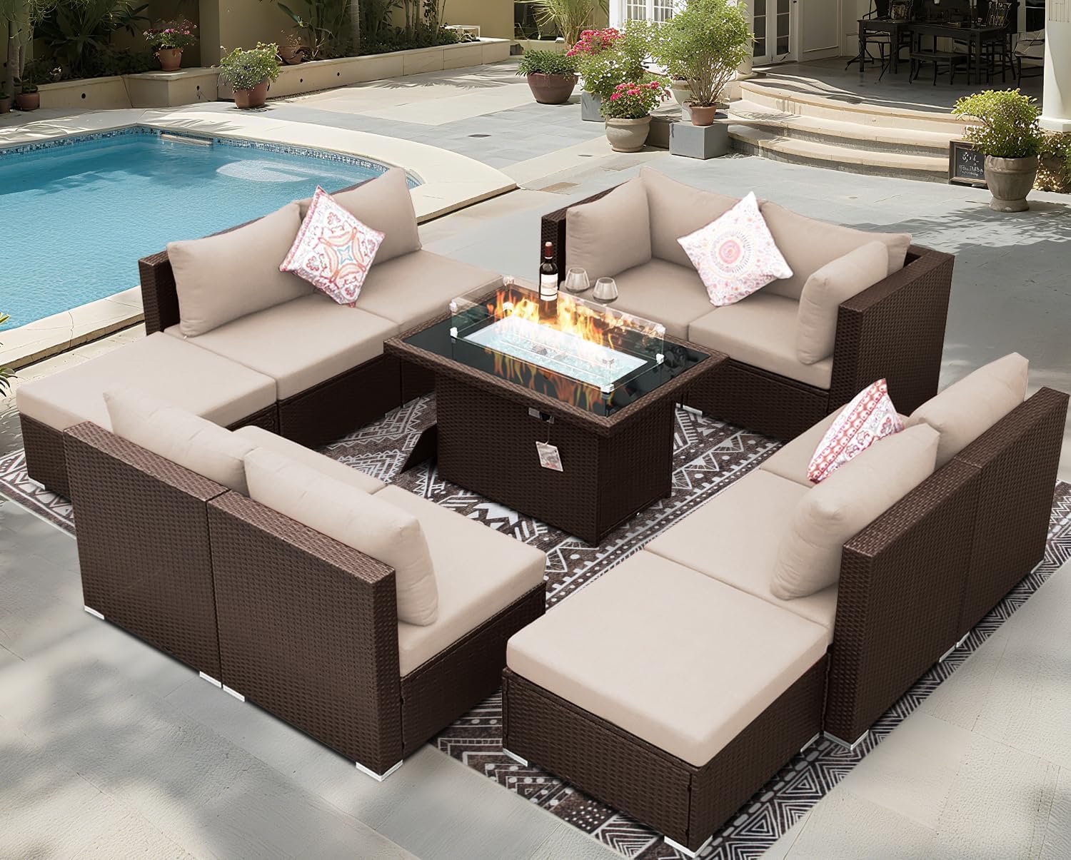 11 Piece High Back Outdoor Furniture Set with Firepit, Cozy Patio Conversation Set with Ottoman Modular, Extra Wide Deep 10-Seats Sectional Couch Sofa
