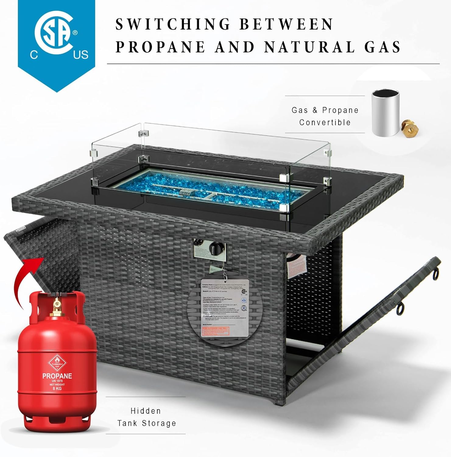 PE Wicker 43" Patio Outdoor Propane Fire Pit Table with Waterproof Cover 55,000 BTU Auto-Ignition Gas Fire Pit Table with 8mm Tempered Glass Table Top and Glass Stone