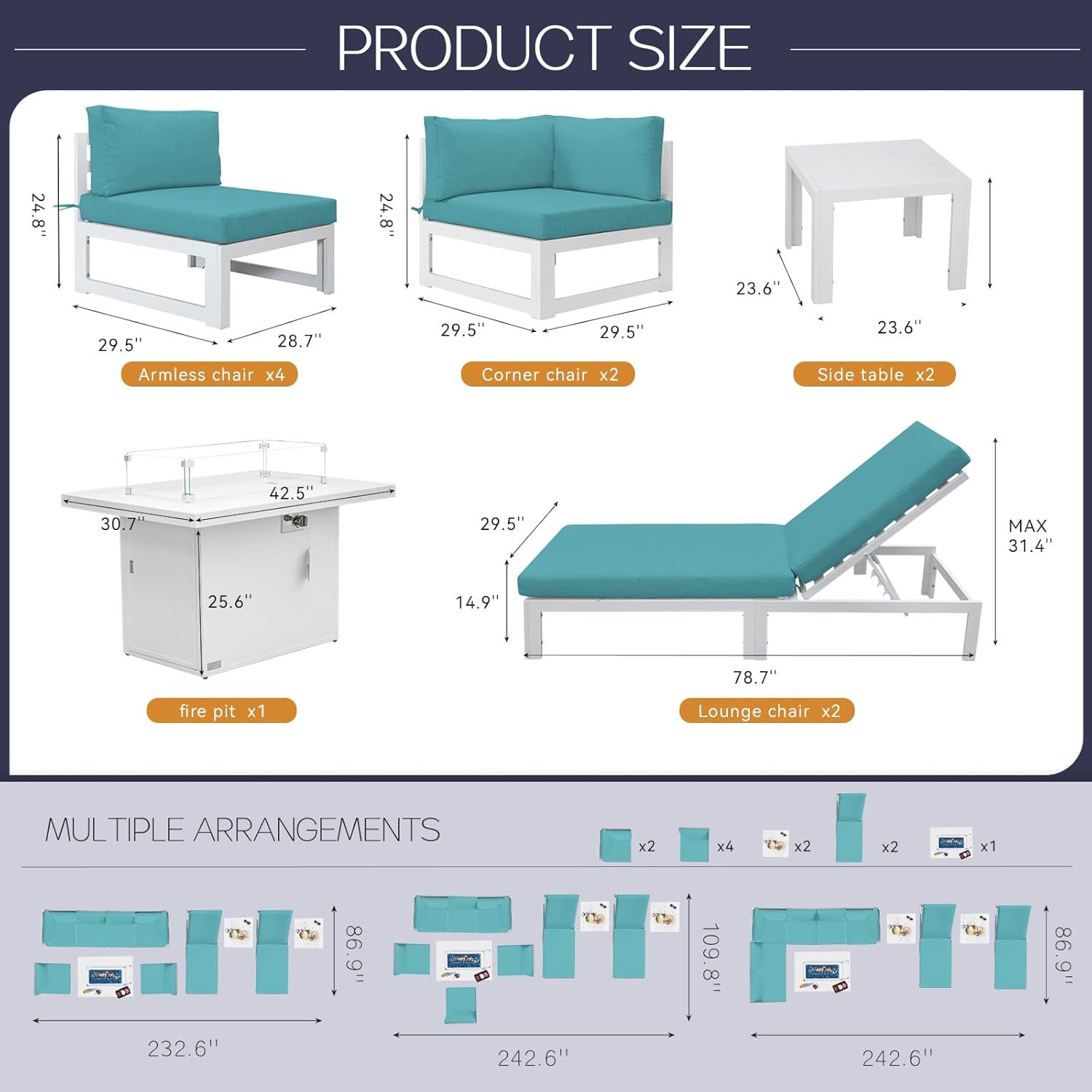 11 Piece Large Modern Aluminum Outdoor Sofa with Lounge Chair & Fire Pit Table, 500 lbs Durable Sectional Set for Heavy People, All Weather Comfy Patio Furniture Set for Backyard