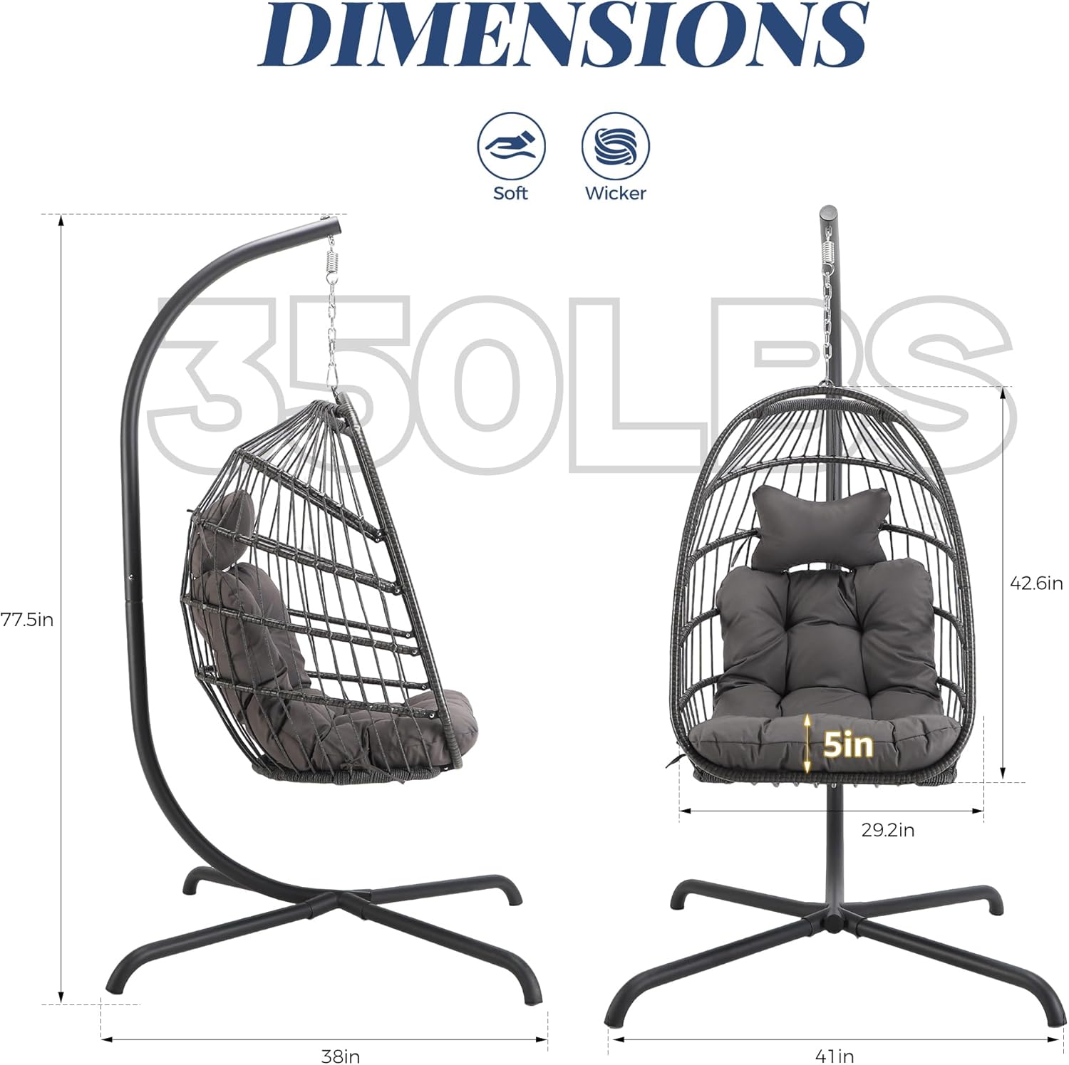 Outdoor Egg Swing Chair with Stand, 350 Lbs Heavy-Duty Rattan Hammock Hanging Wicker Patio Chair with Cushion