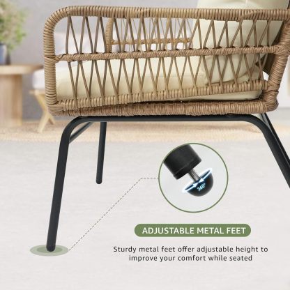 6 Pcs Boho Outdoor Patio Furniture Sets, L Shaped Natural Color Wicker Conversation Sectional Sofa w/Cozy Beige Cushion & Ice Bucket