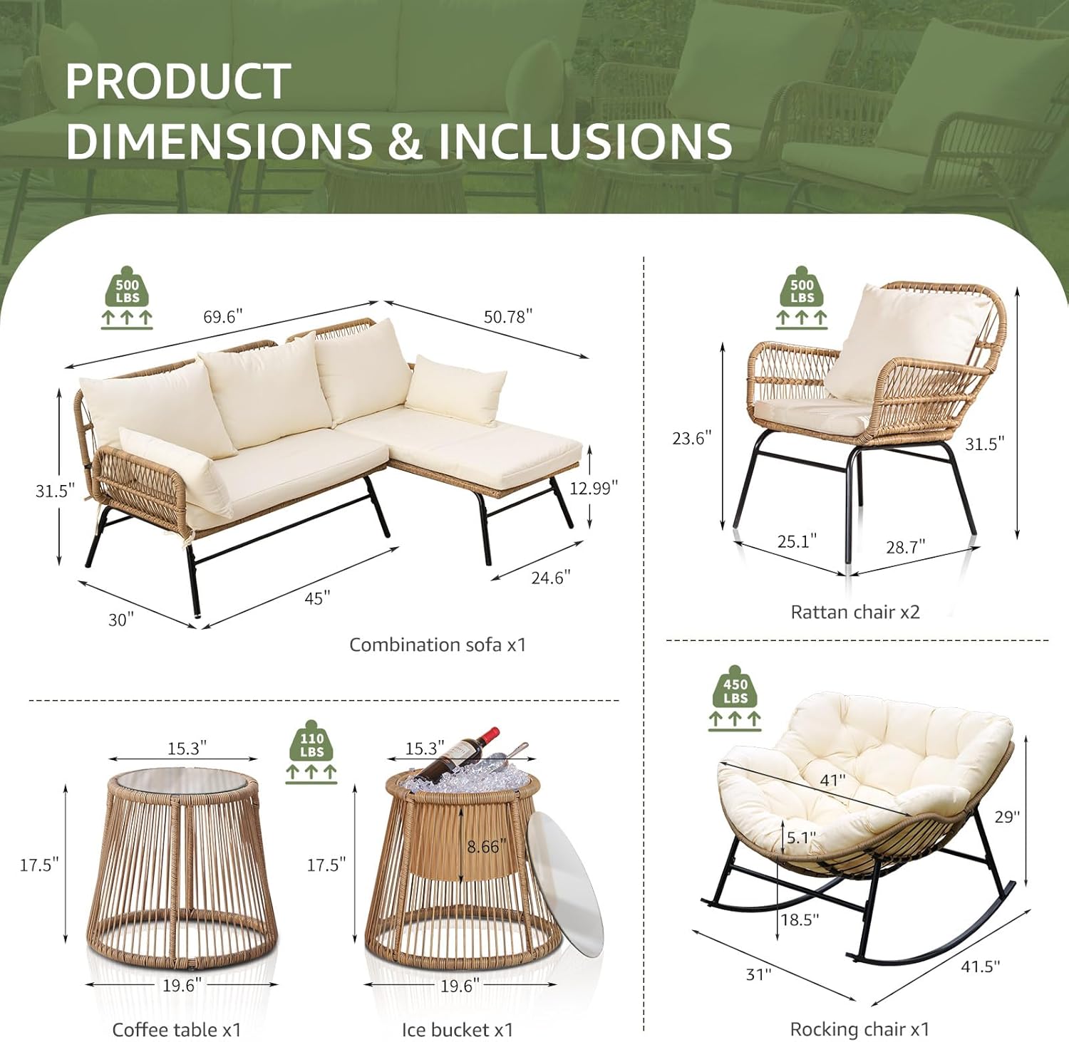 Beige Boho Outdoor Patio Furniture Sets with 2 PE Wicker Chairs, 2 Ottomans and 1 Side Table, Small Conversation Sectional Chair Sets for Backyard