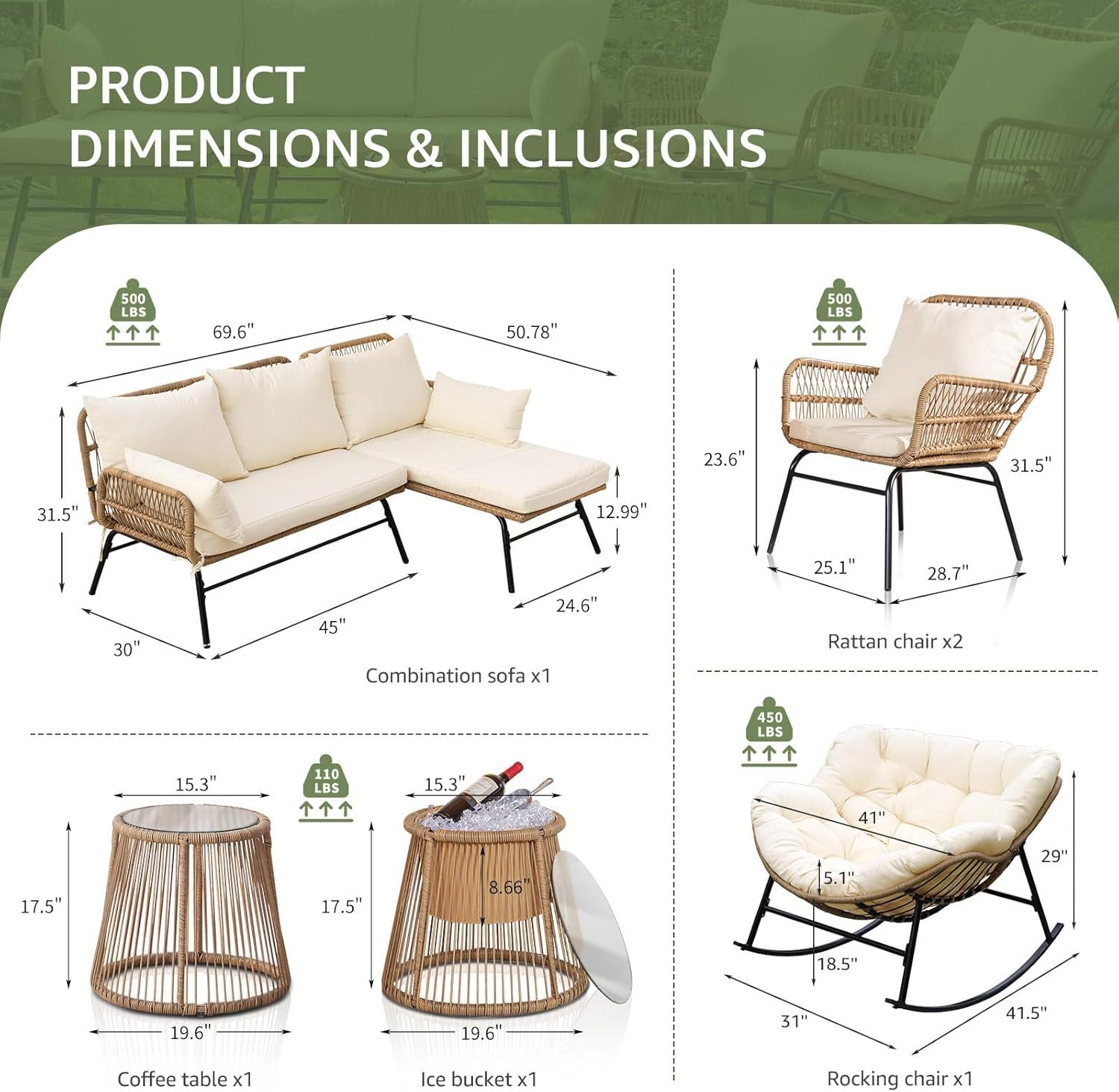 Beige Boho Outdoor Patio Furniture Sets with 2 PE Wicker Chairs, 2 Ottomans and 1 Side Table, Small Conversation Sectional Chair Sets for Backyard