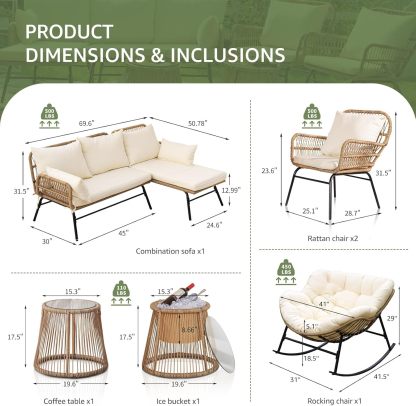 Beige Boho Outdoor Patio Furniture Sets with 2 PE Wicker Chairs, 2 Ottomans and 1 Side Table, Small Conversation Sectional Chair Sets for Backyard