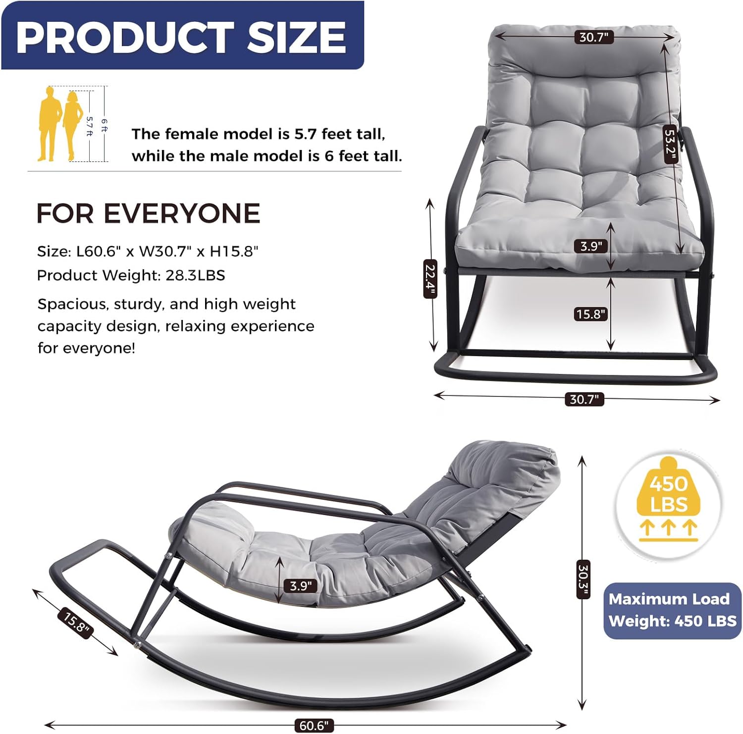 Oversized Indoor Outdoor Lounge Royal Rocking Chair with Armrest Footrest for Napping Relaxing, Heavy Duty Patio Reclining Papasan Rocker Chair