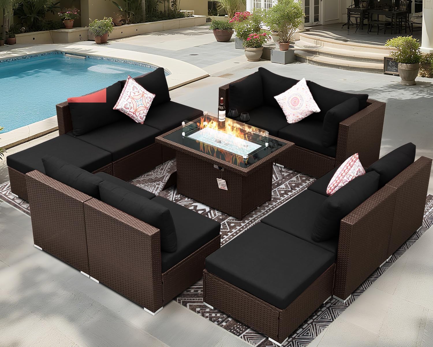 11 Piece High Back Outdoor Furniture Set with Firepit, Cozy Patio Conversation Set with Ottoman Modular, Extra Wide Deep 10-Seats Sectional Couch Sofa
