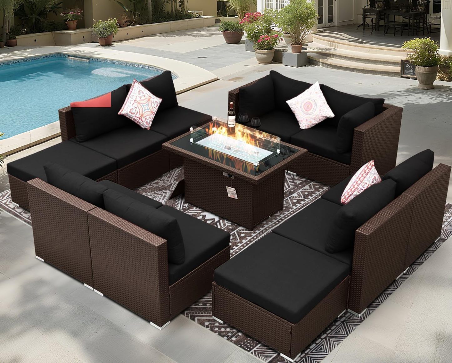 11 Piece High Back Outdoor Furniture Set with Firepit, Cozy Patio Conversation Set with Ottoman Modular, Extra Wide Deep 10-Seats Sectional Couch Sofa