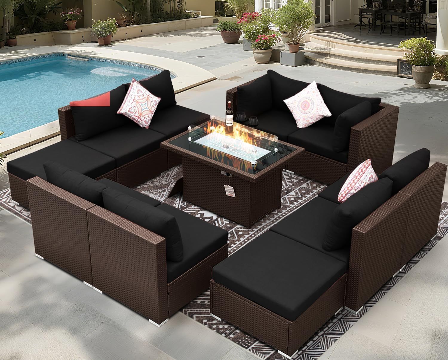 11 Piece High Back Outdoor Furniture Set with Firepit, Cozy Patio Conversation Set with Ottoman Modular, Extra Wide Deep 10-Seats Sectional Couch Sofa