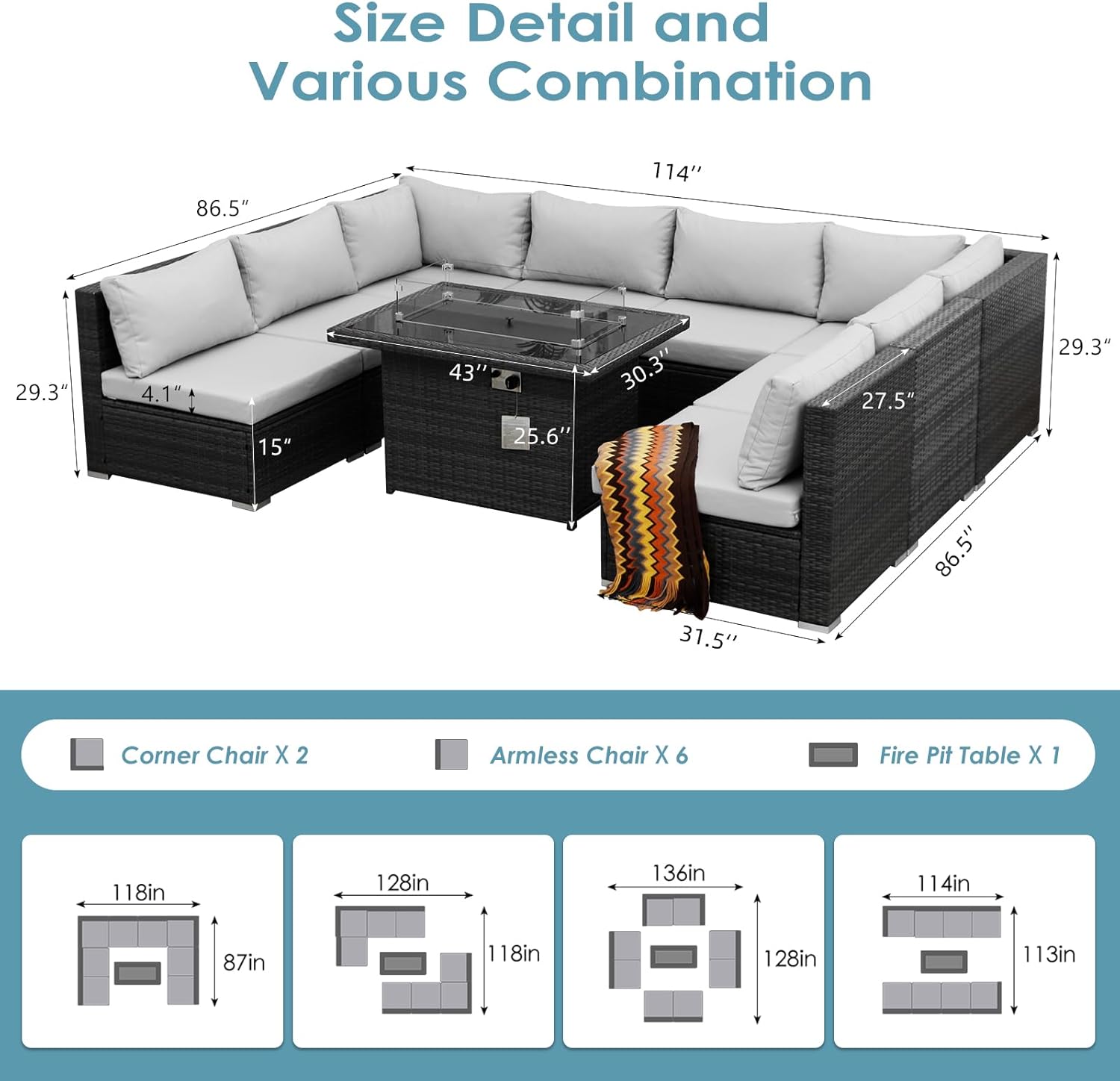 9 Pieces High back Wicker Patio Furniture Set with Firepit, High Weight Capacity Outdoor Sectional Couch Sofa 8-Seater Modular