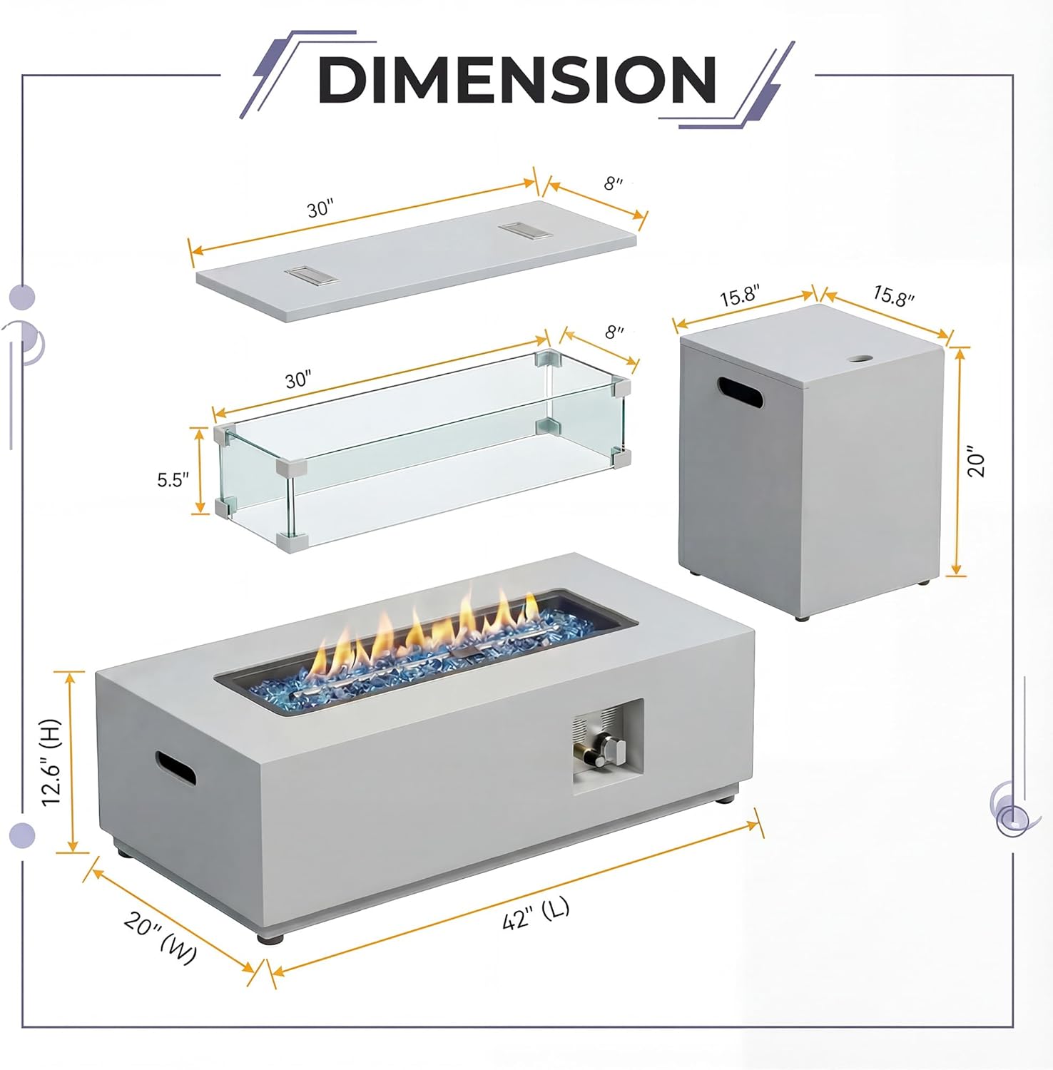 Large Rectangle Outdoor Patio Propane Gas Fire Pit Table Set with Tank Table, 50,000 BTU 42" Fireplace Table with Wind Guard, Removable Lid, Glass Beads, Rain Cover