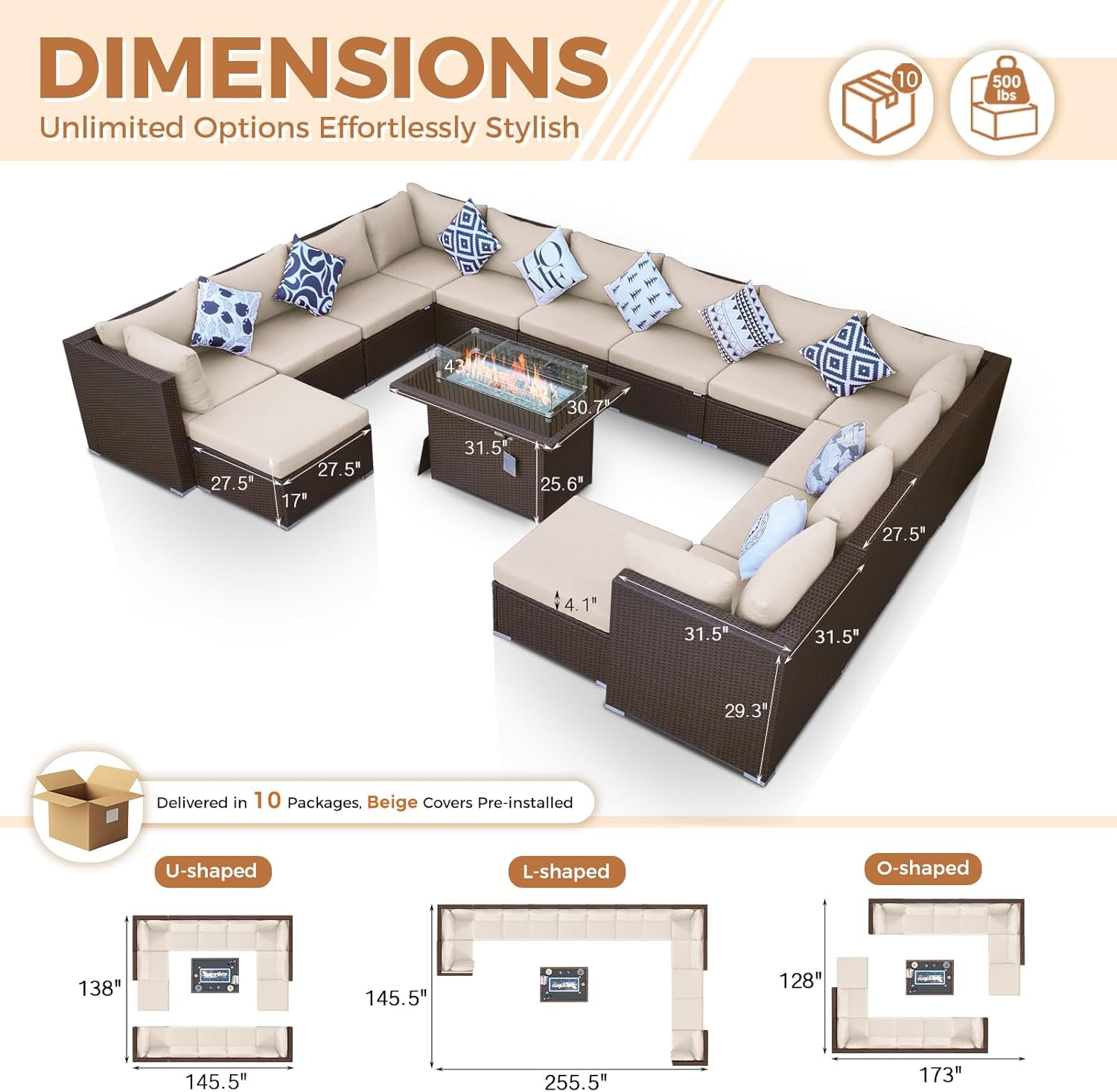 15 Piece Highback Wicker Patio Furniture Sets with Firepit, All-Weather Heavy Duty Outdoor Conversation Set Modular, Extra Deep Wide 14-Seats Sectional Couch Sofa for Backyard