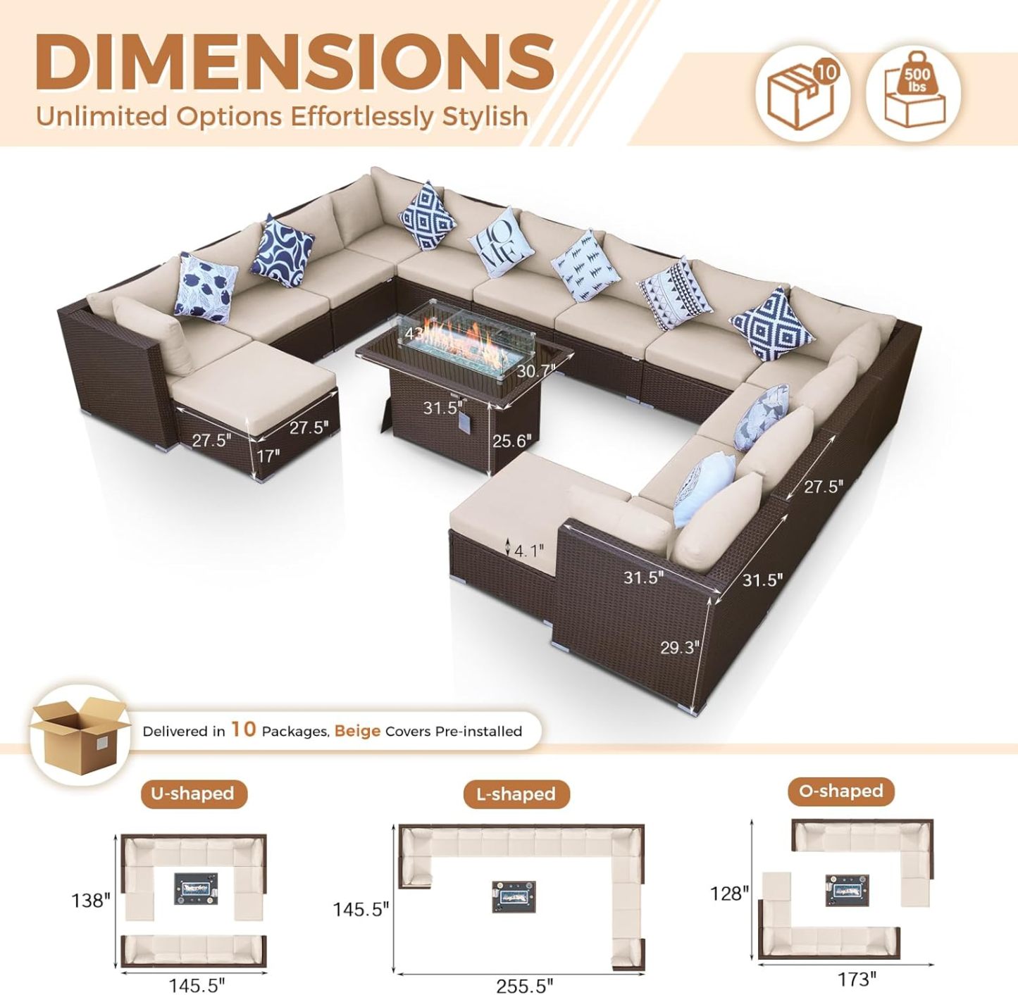 15 Piece Highback Wicker Patio Furniture Sets with Firepit, All-Weather Heavy Duty Outdoor Conversation Set Modular, Extra Deep Wide 14-Seats Sectional Couch Sofa for Backyard