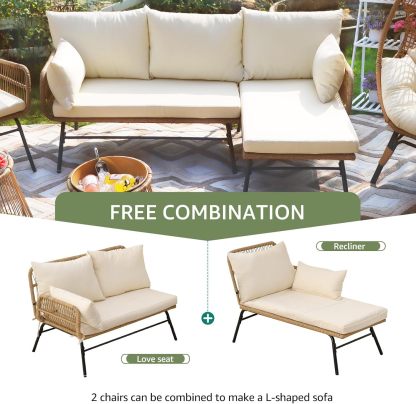 6 Pcs Boho Outdoor Patio Furniture Sets, L Shaped Natural Color Wicker Conversation Sectional Sofa w/Cozy Beige Cushion & Ice Bucket