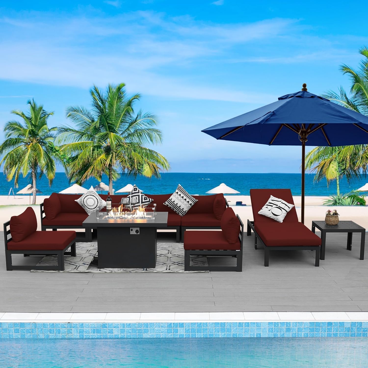 9 Piece Extra Large Luxurious Aluminum Outdoor Sectional Seating with Sun Lounger, All Weather Modular Patio Furniture Set, 500 lbs Heavy Duty Conversation Sofa