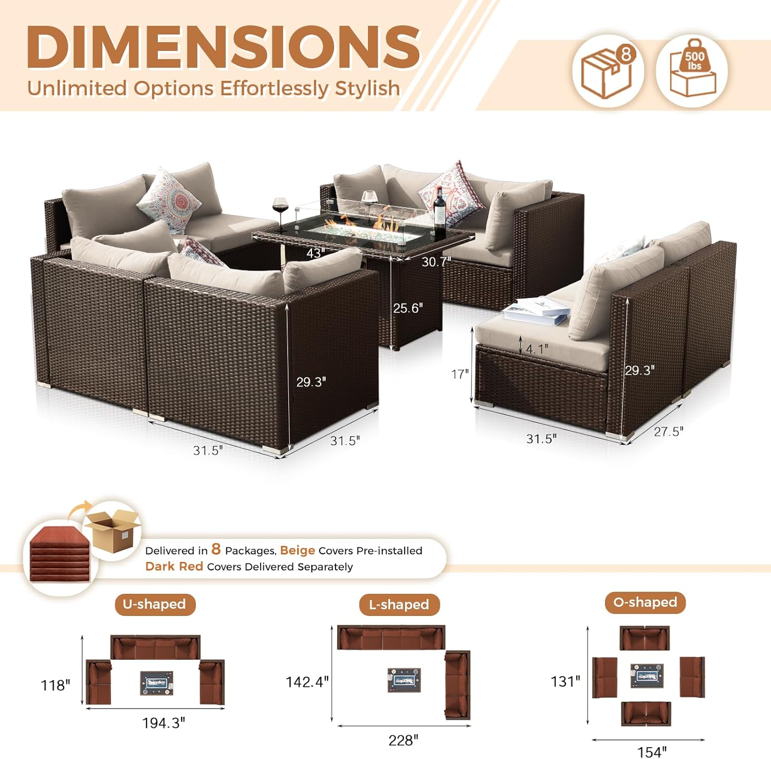 9 Pcs High Back Outdoor Sectional Set with Firepit Table, Modern Luxury Patio Furniture Seating Set, Oversized Wide Deep Modular 8-Seater Couch Sofa for Backyard