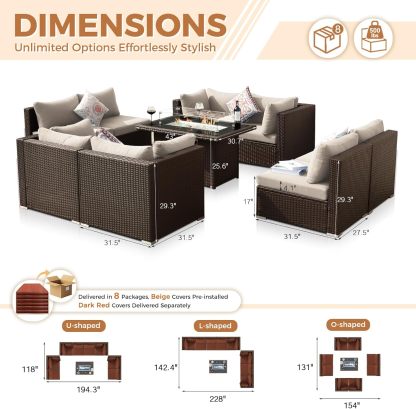 9 Pcs High Back Outdoor Sectional Set with Firepit Table, Modern Luxury Patio Furniture Seating Set, Oversized Wide Deep Modular 8-Seater Couch Sofa for Backyard