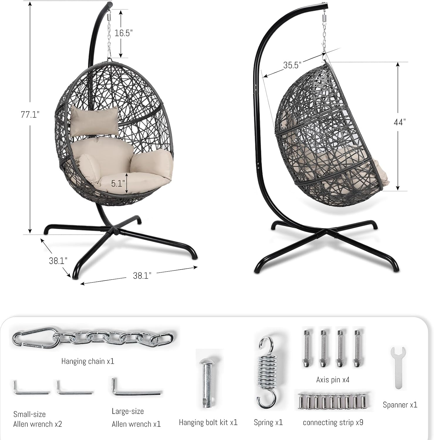 Oversized Hanging Egg Chair with Stand, Indoor Outdoor Grey Wicker Bird Cage Swing Chair, Patio Hammock Swinging Chair with Beige Cushion for Balcony