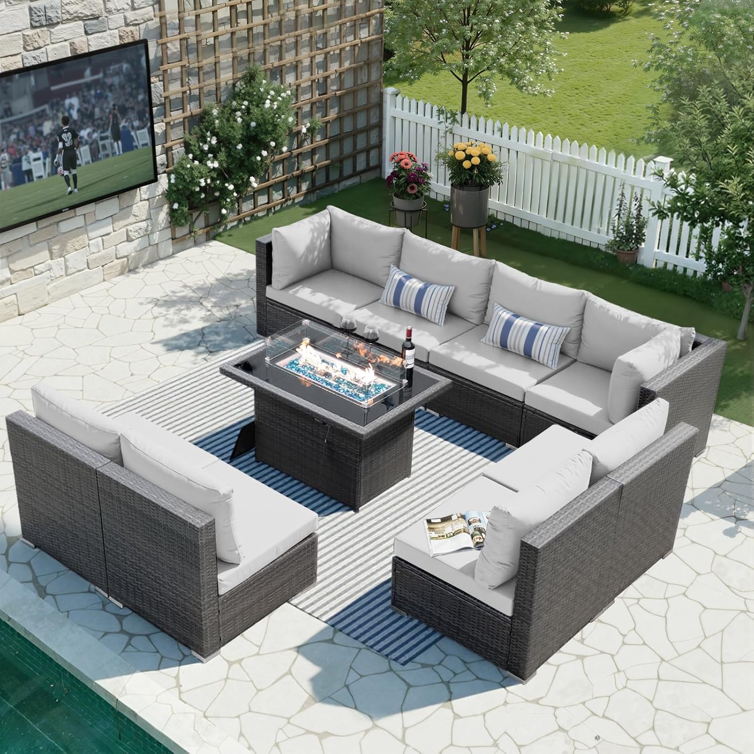 9 Pieces High back Wicker Patio Furniture Set with Firepit, High Weight Capacity Outdoor Sectional Couch Sofa 8-Seater Modular