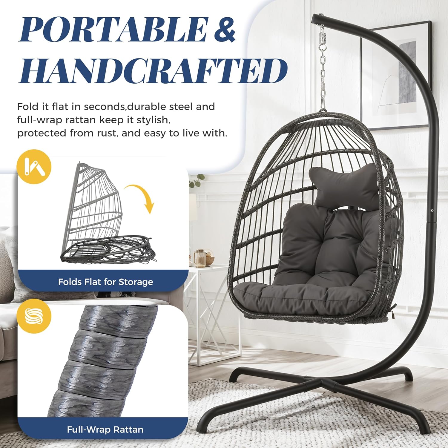 Outdoor Egg Swing Chair with Stand, 350 Lbs Heavy-Duty Rattan Hammock Hanging Wicker Patio Chair with Cushion