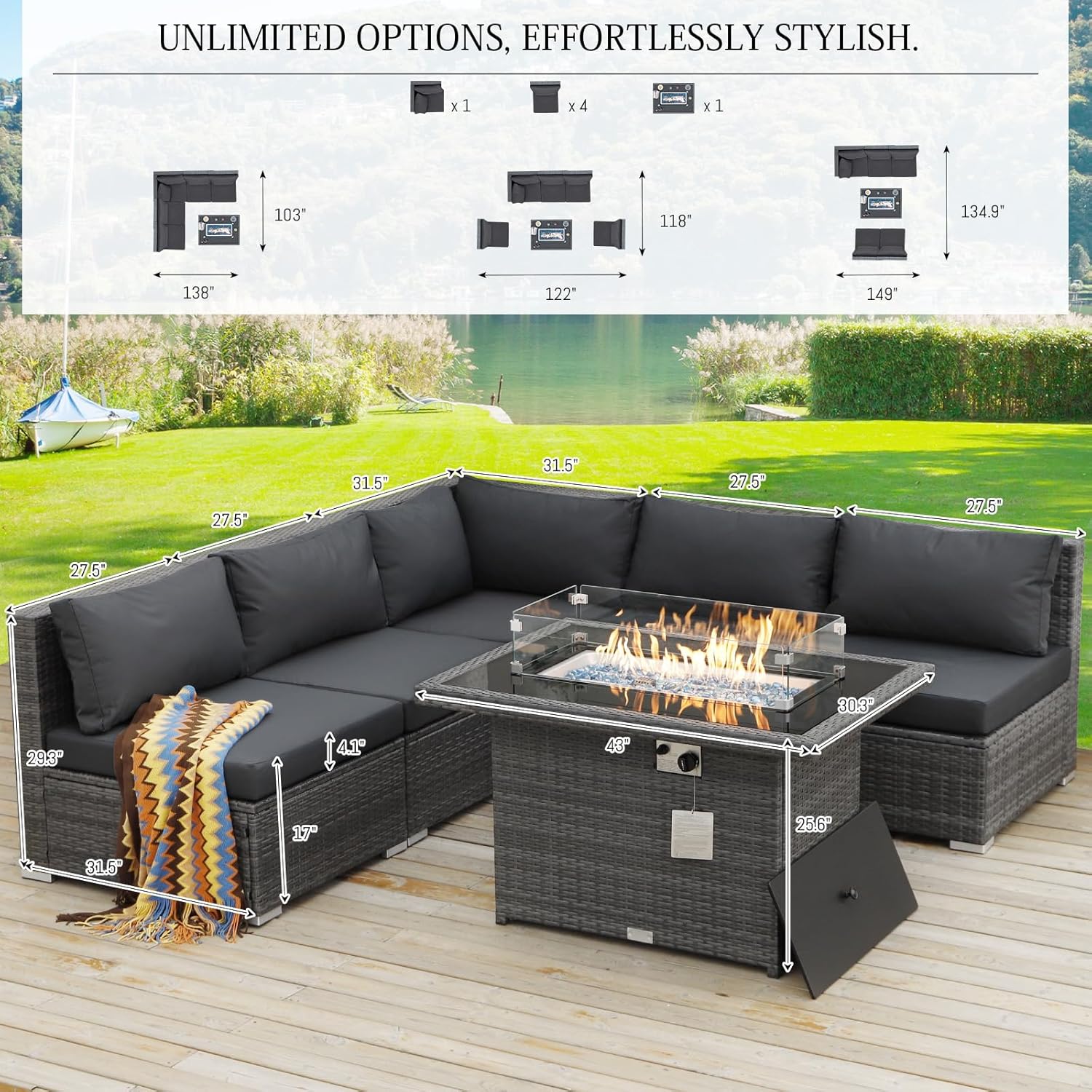 6 Pcs High Back Outdoor Patio Furniture Set with Fire Pit, Extra Large L-Shaped Deep Wide Backyard Sectional Seating